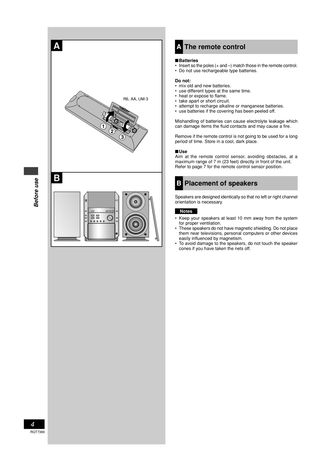 Panasonic SCPM19 operating instructions AThe remote control, BPlacement of speakers, Beforeuse 