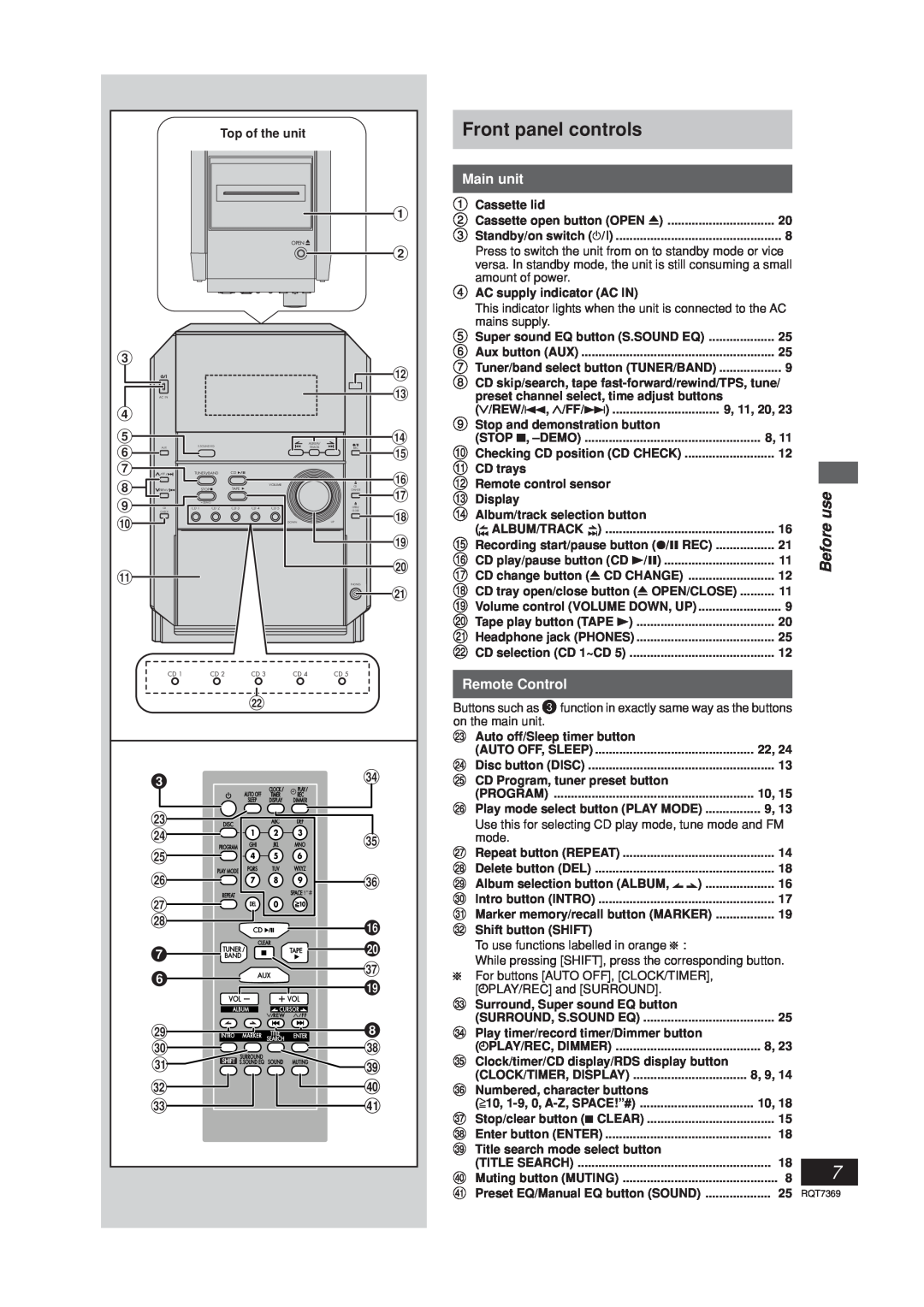 Panasonic SCPM19 operating instructions Front panel controls 