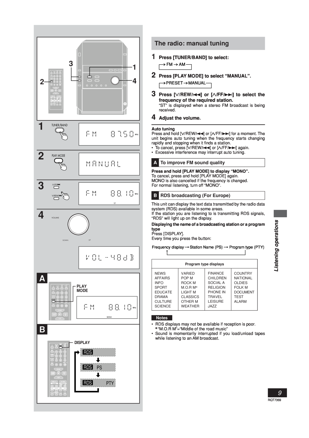 Panasonic SCPM19 The radio manual tuning, Listening, Press TUNER/BAND to select, Press PLAY MODE to select “MANUAL” 