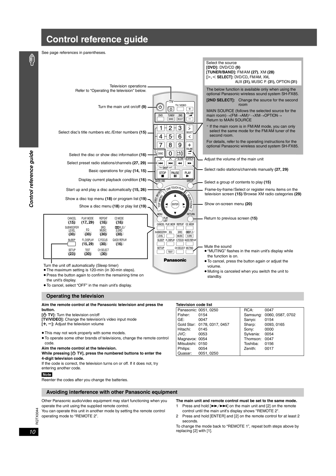 Panasonic SCPT750 Control reference guide, Operating the television, Avoiding interference with other Panasonic equipment 