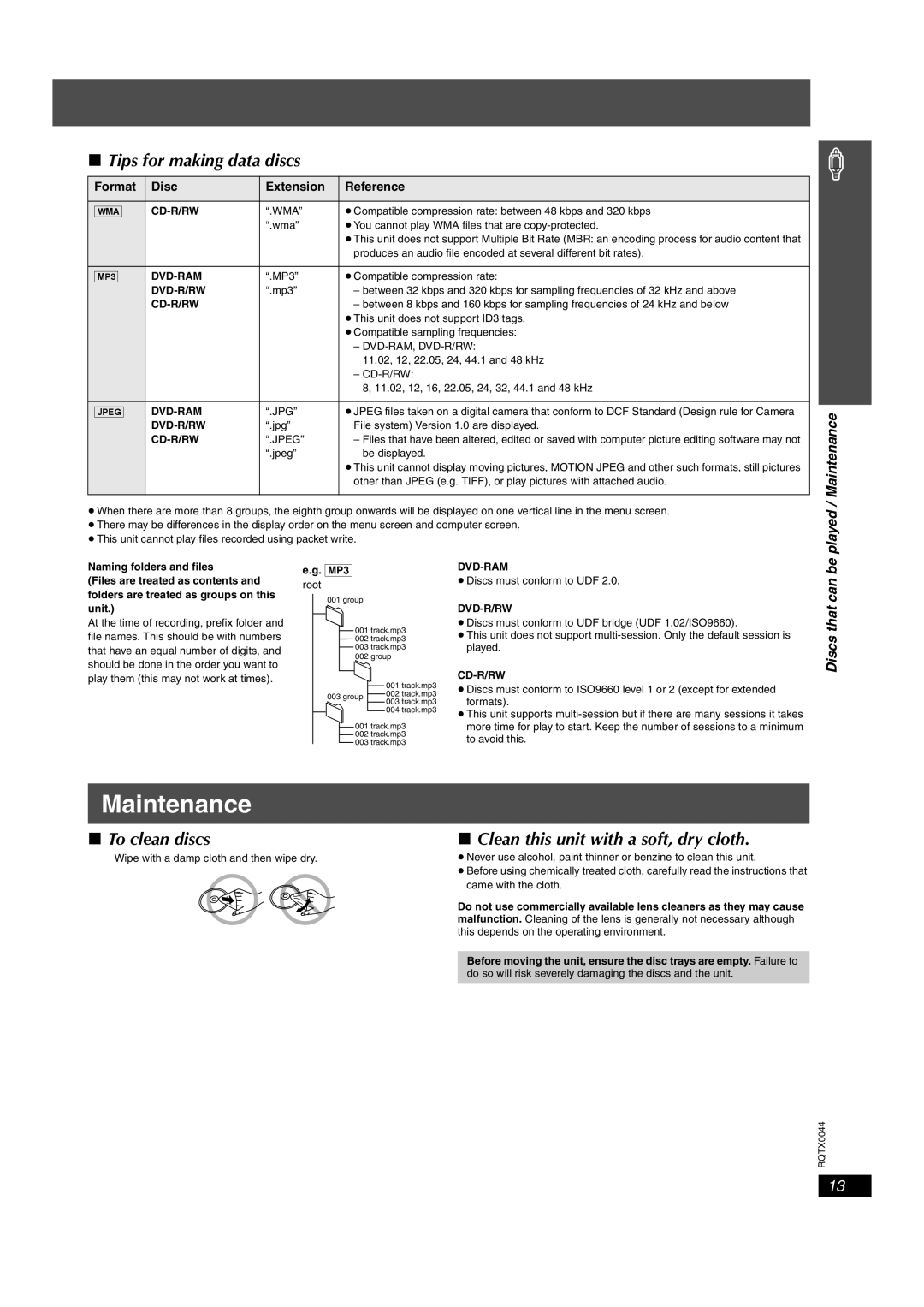 Panasonic SC-PT753 manual Maintenance, Tips for making data discs, To clean discs, Clean this unit with a soft, dry cloth 