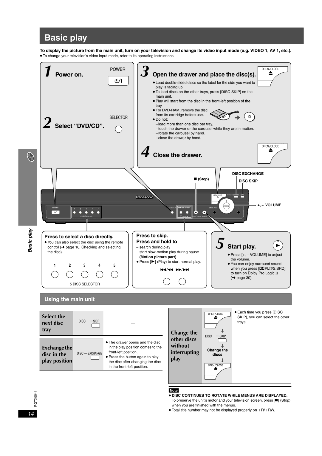 Panasonic SCPT750 manual Basic play, Using the main unit, Press to select a disc directly, Press to skip Press and hold to 