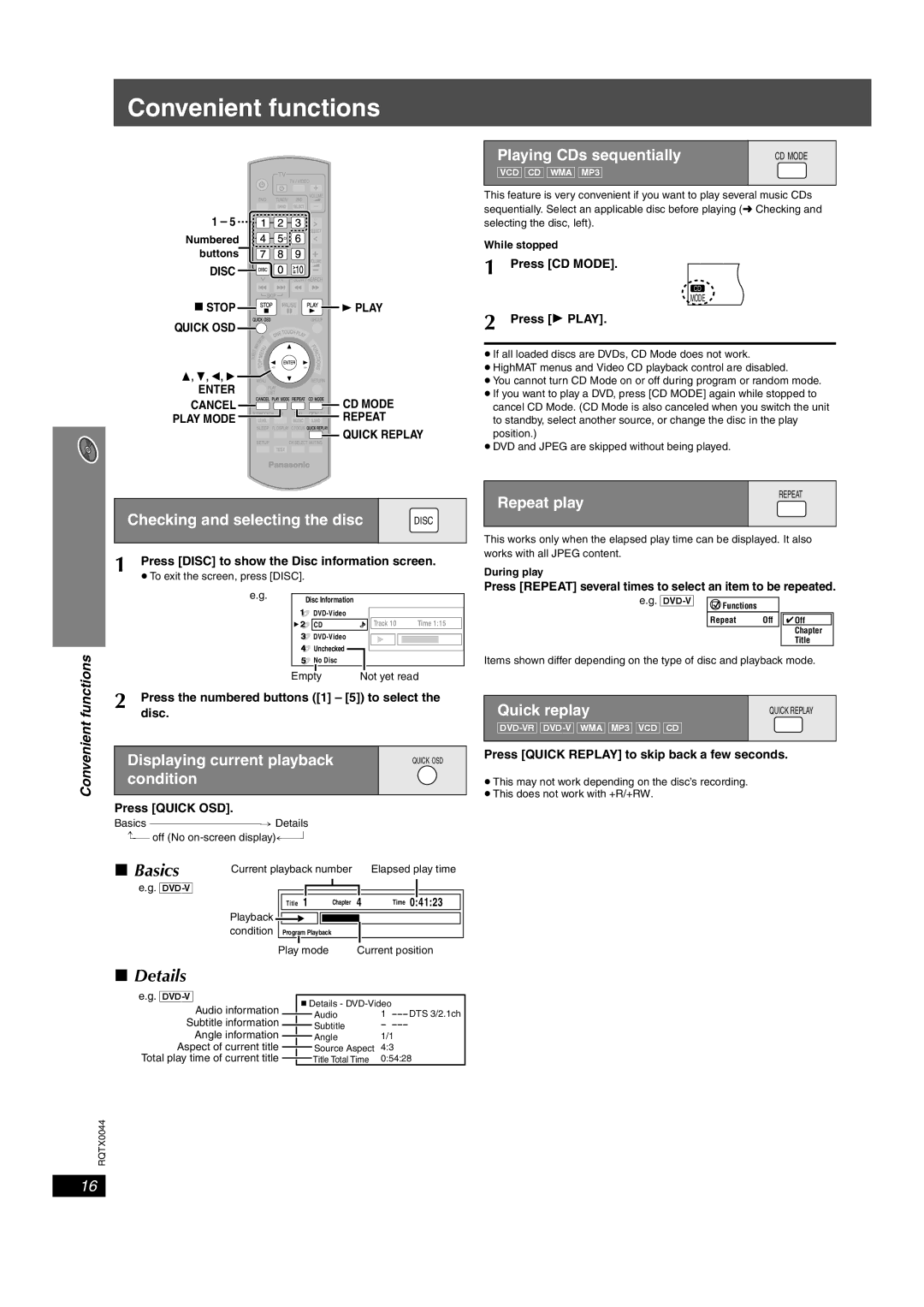 Panasonic SCPT750, SC-PT753 manual Convenient functions, Basics, Details 