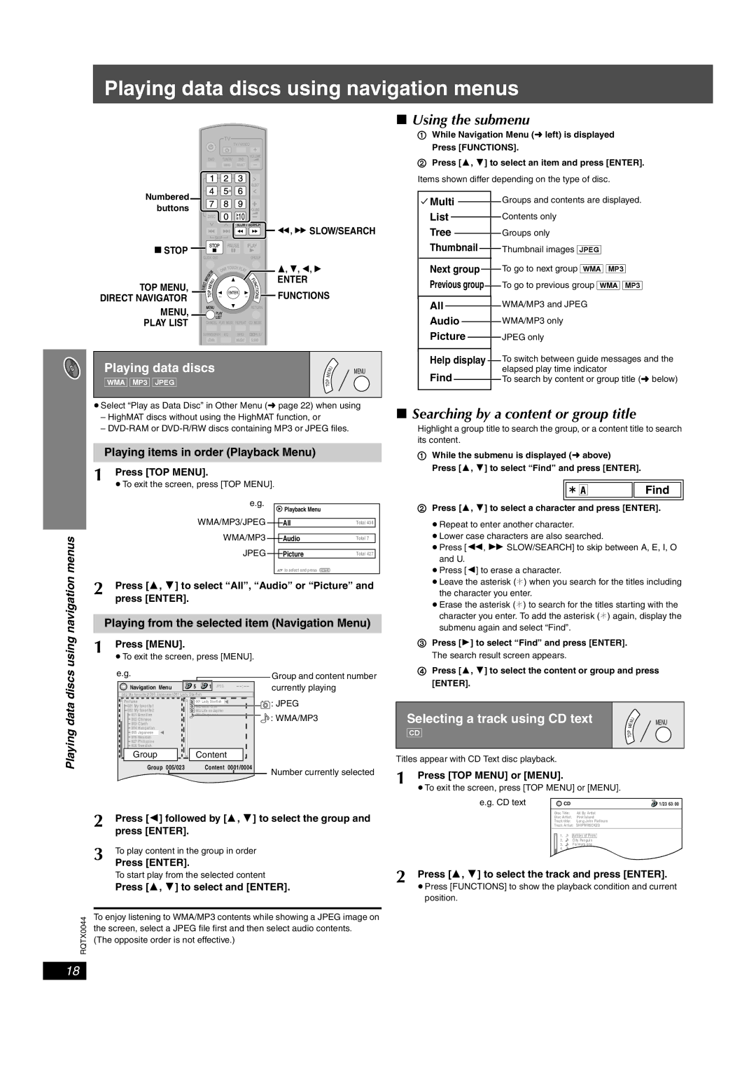 Panasonic SCPT750, SC-PT753 Playing data discs using navigation menus, Using the submenu, Selecting a track using CD text 