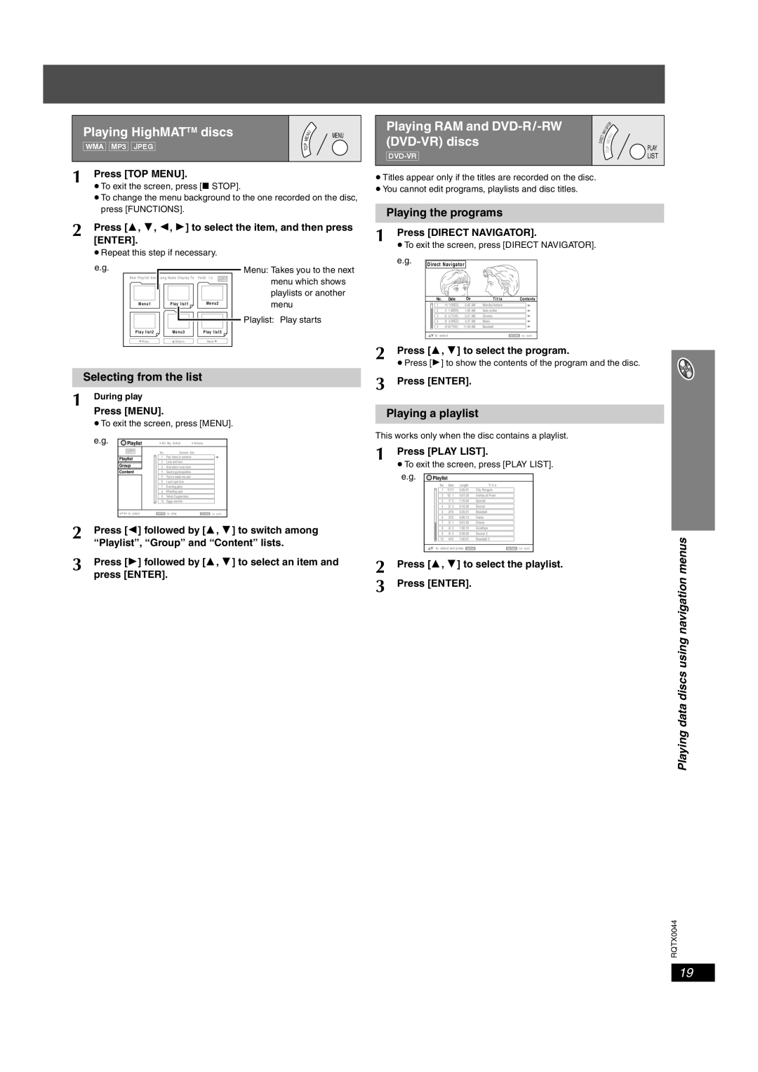 Panasonic SC-PT753, SCPT750 manual Playing HighMATTM discs, Playing RAM and DVD-R/-RW, DVD-VR discs 