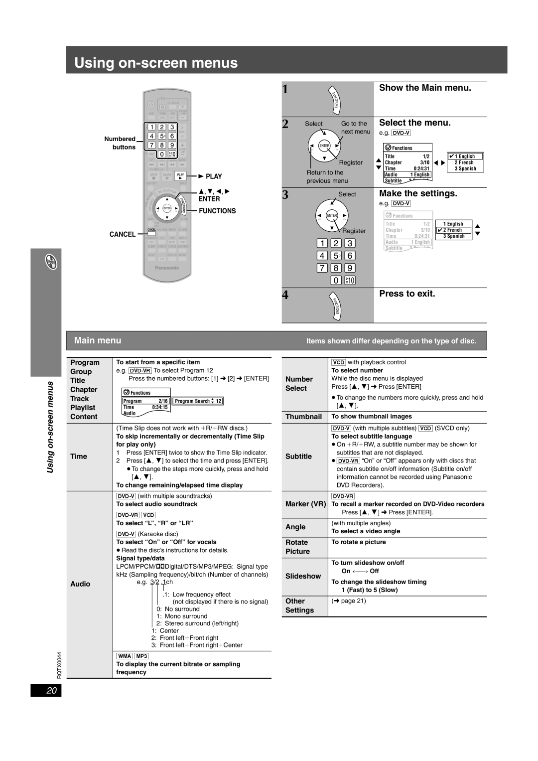 Panasonic SCPT750, SC-PT753 manual Using on-screen menus 