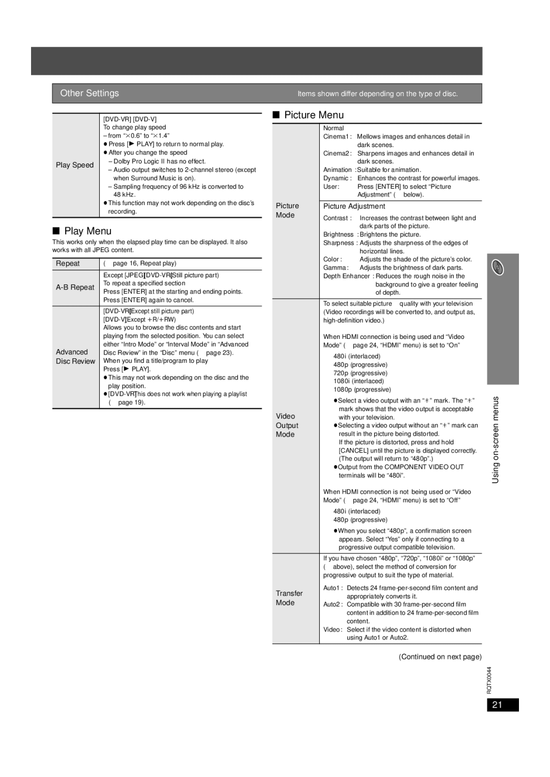 Panasonic SC-PT753, SCPT750 manual Picture Menu, Play Menu, Other Settings 