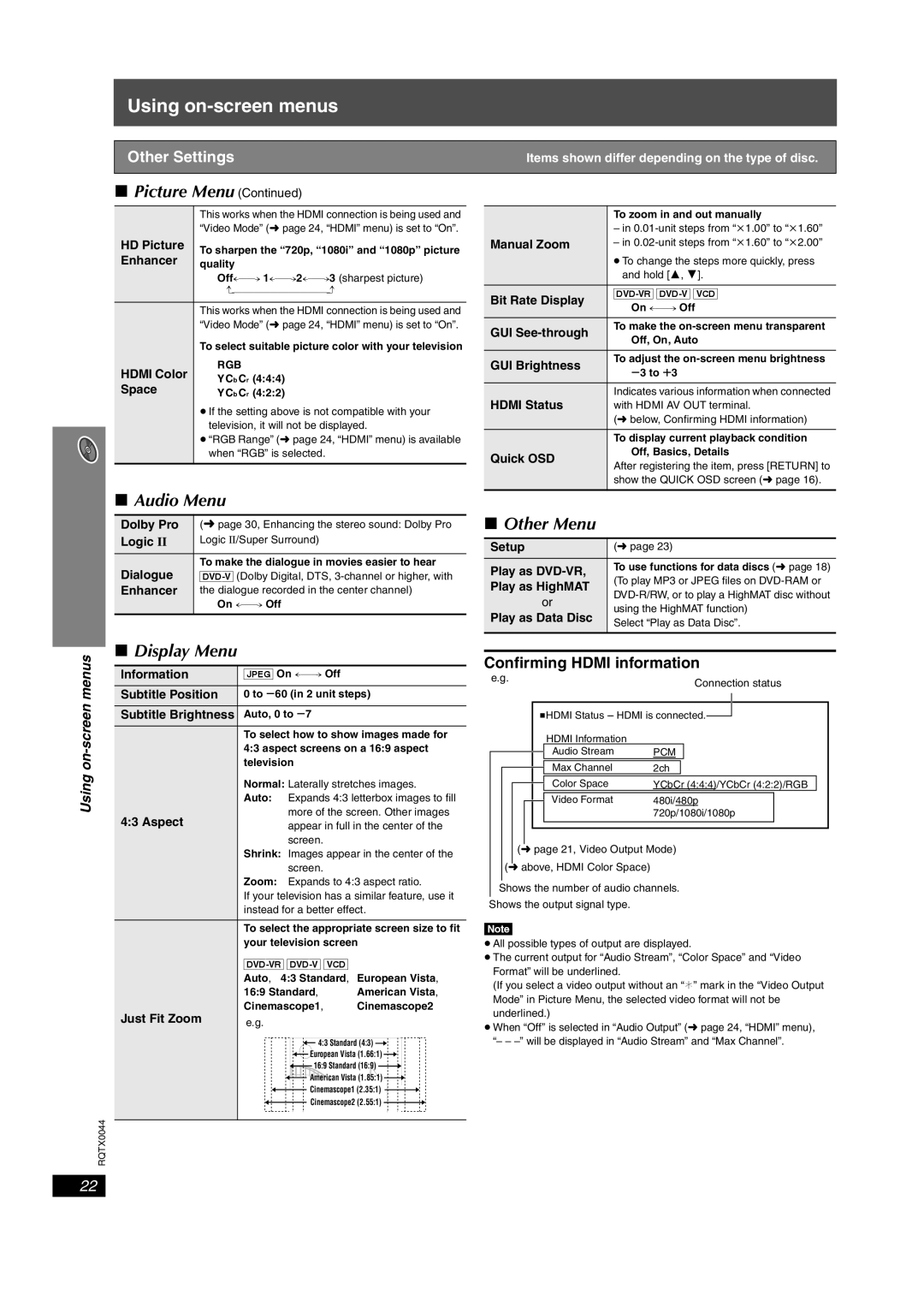 Panasonic SCPT750, SC-PT753 manual Audio Menu, Display Menu, Other Menu 