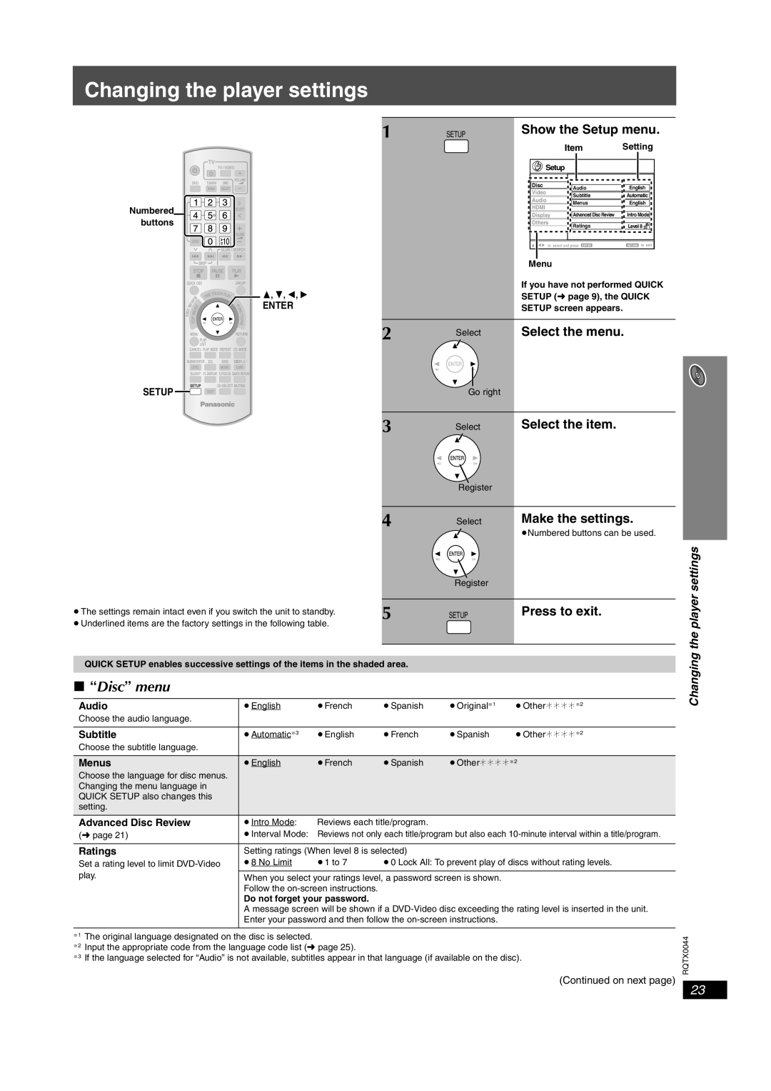 Panasonic SC-PT753, SCPT750 manual Changing the player settings, Disc menu, Show the Setup menu, Player settings 