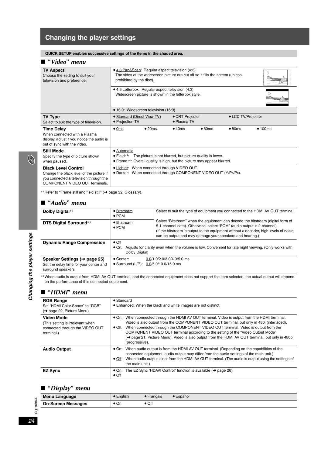 Panasonic SCPT750, SC-PT753 manual Video menu, Hdmi menu, Changing the player settings 