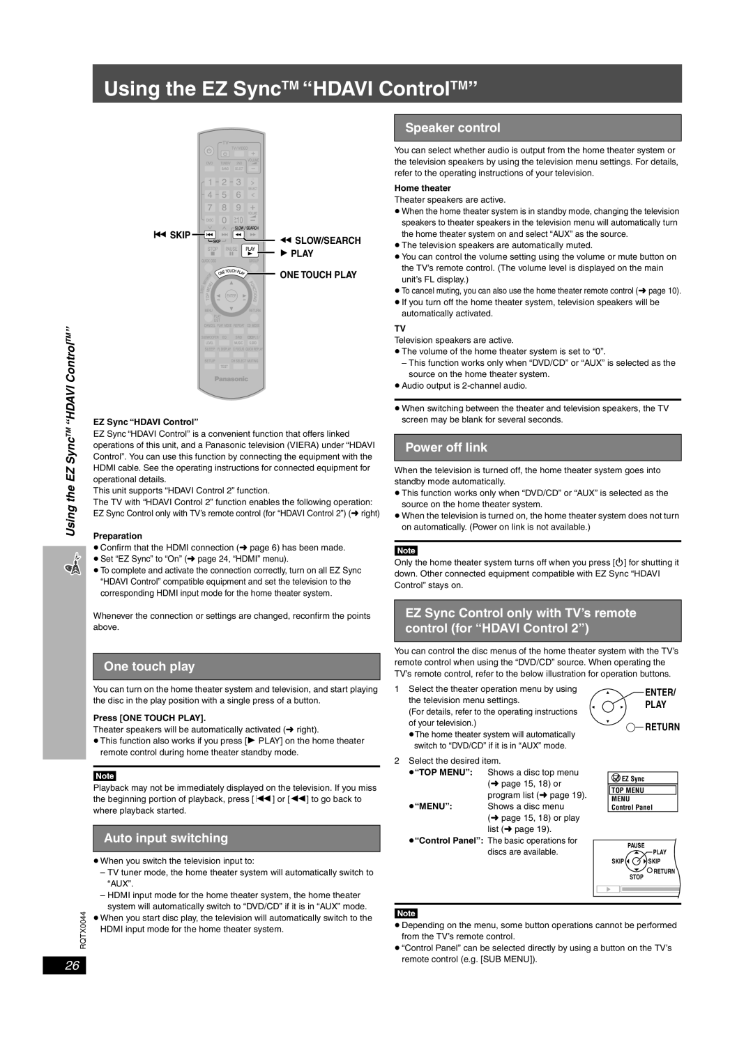 Panasonic SCPT750, SC-PT753 manual Using the EZ SyncTM Hdavi ControlTM, One touch play Speaker control, Power off link 