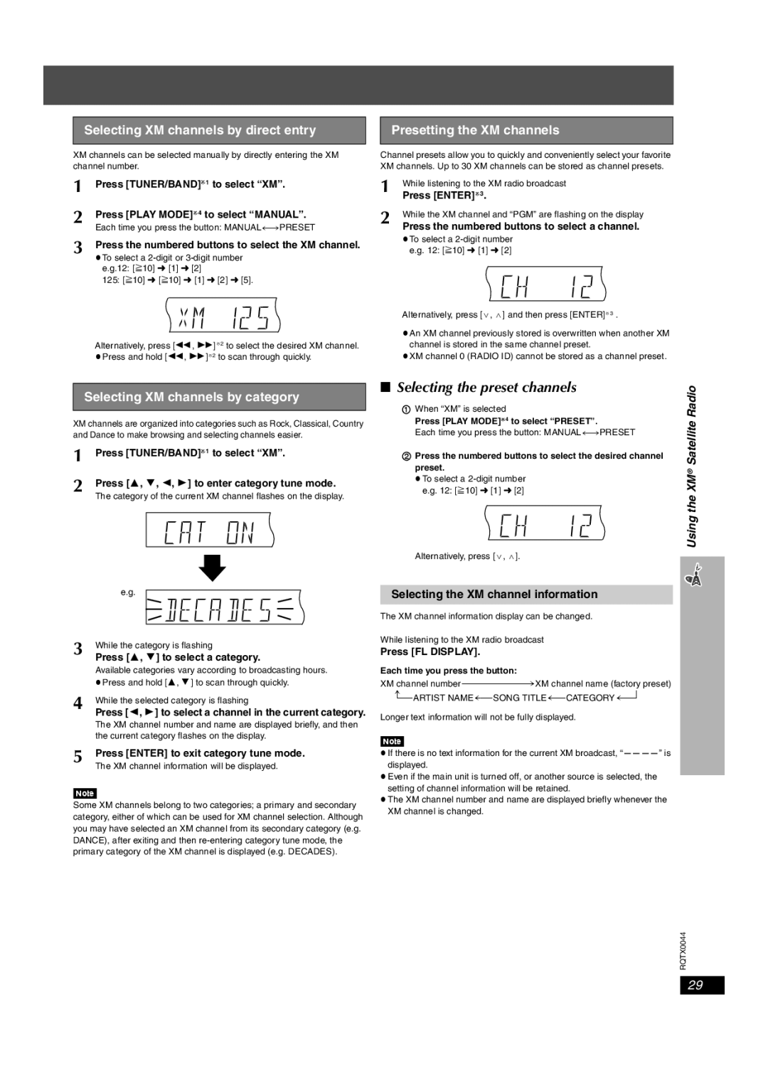 Panasonic SC-PT753 manual Selecting the preset channels, Selecting XM channels by direct entry, Presetting the XM channels 