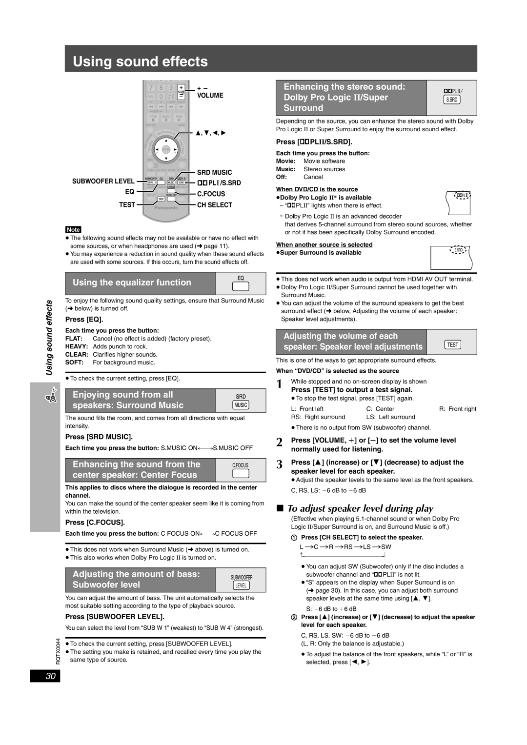 Panasonic SCPT750, SC-PT753 manual Using sound effects, To adjust speaker level during play 