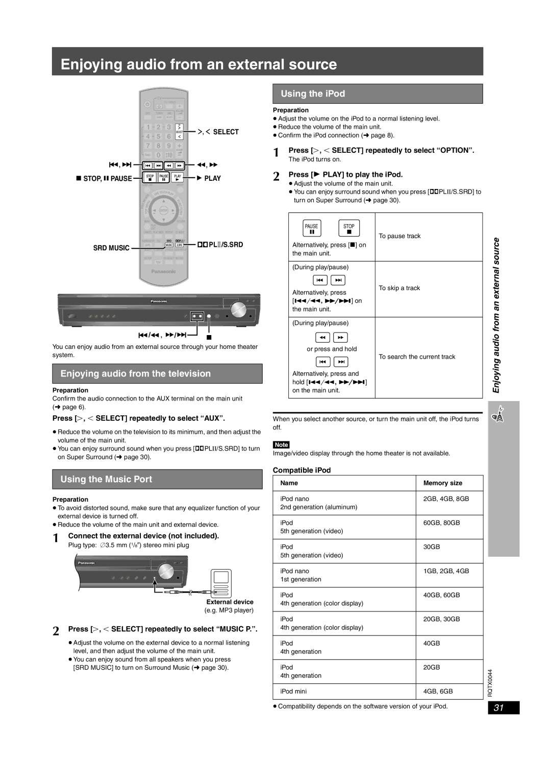 Panasonic SC-PT753 manual Enjoying audio from an external source, Using the iPod, Enjoying audio from the television, Audio 