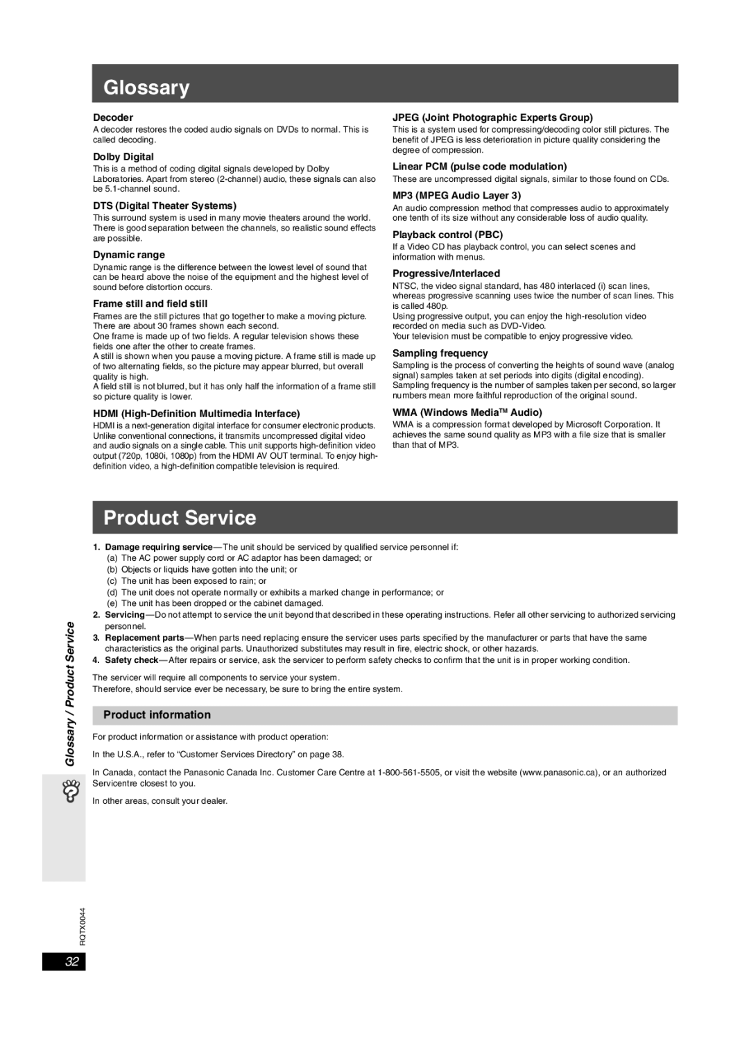 Panasonic SCPT750, SC-PT753 manual Glossary / Product Service, Product information 