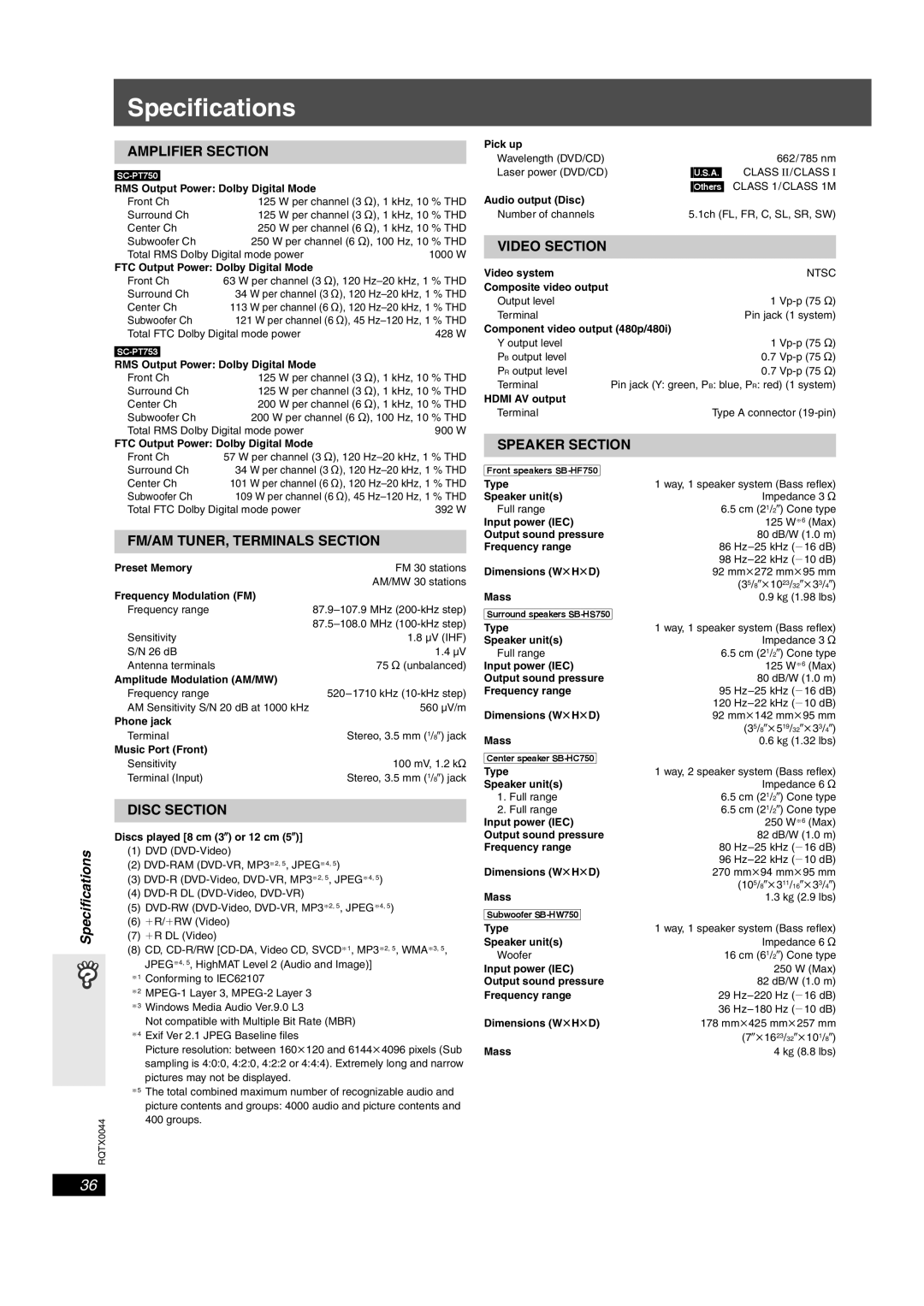 Panasonic SCPT750, SC-PT753 manual Specifications, SC-PT750 RMS Output Power Dolby Digital Mode, Others 