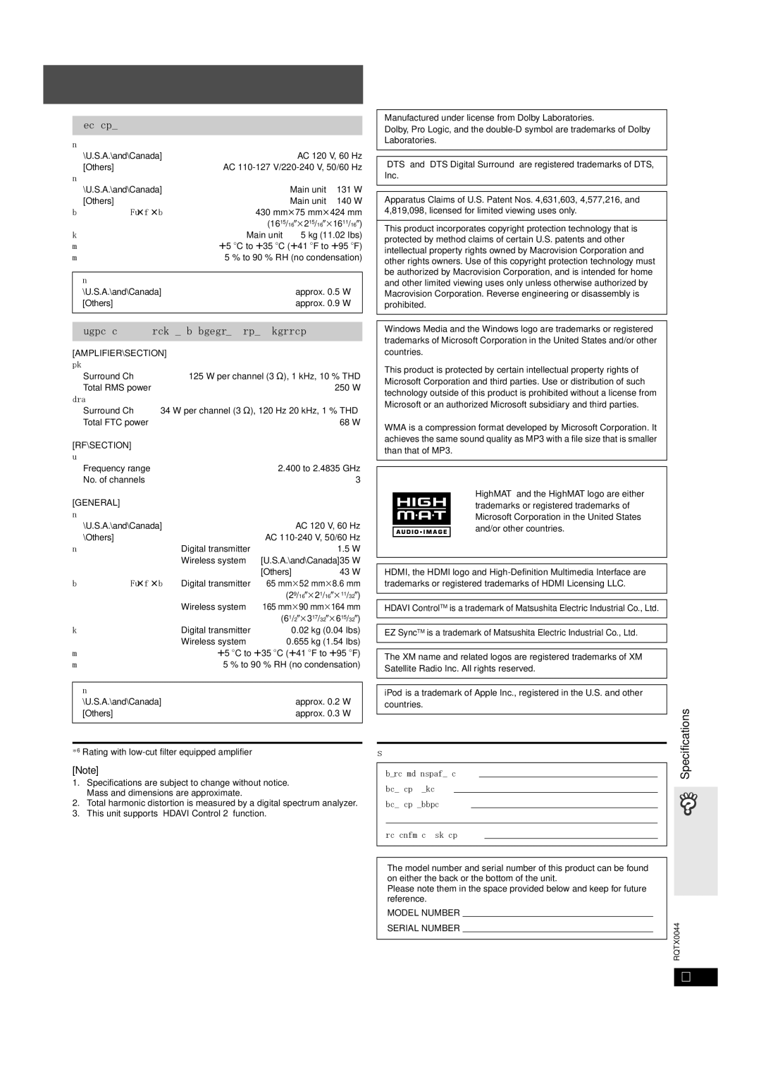 Panasonic SC-PT753, SCPT750 manual User memo, Specifications, Others 