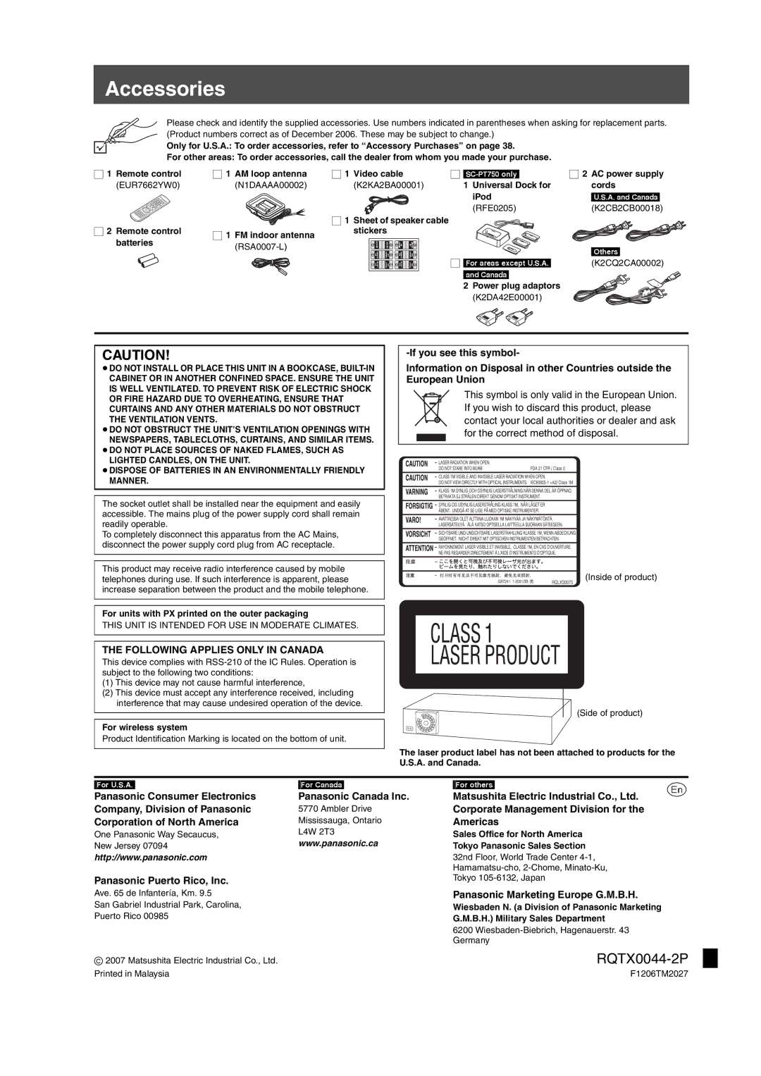 Panasonic SCPT750, SC-PT753 manual Accessories, Following Applies only in Canada, Americas, Panasonic Puerto Rico, Inc 