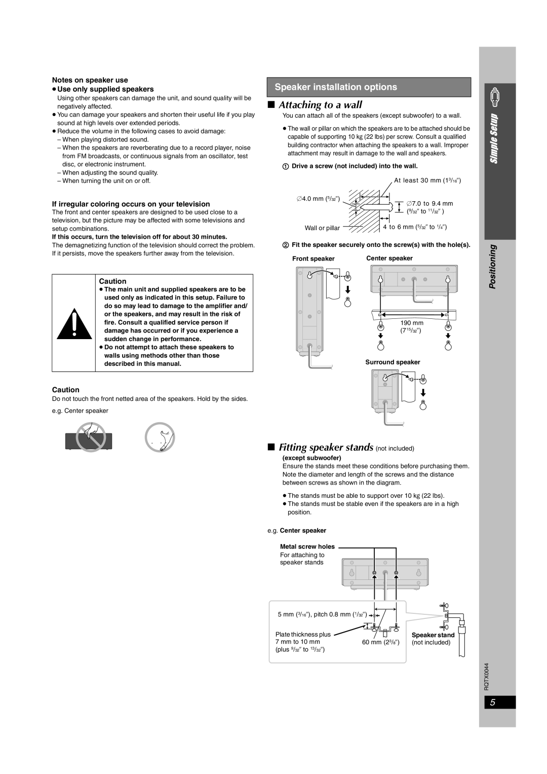 Panasonic SC-PT753, SCPT750 manual Attaching to a wall, Fitting speaker stands not included, Speaker installation options 