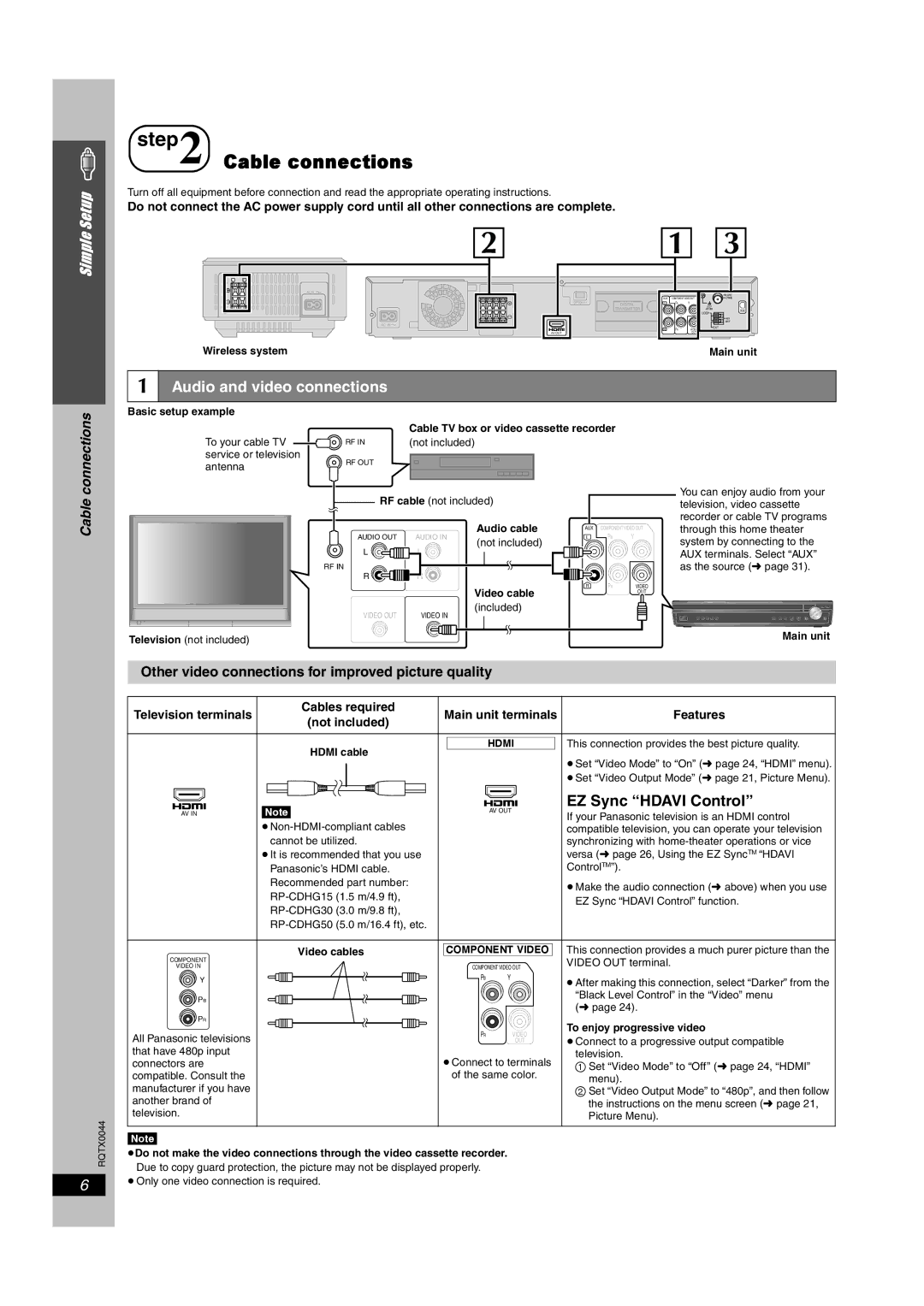 Panasonic SCPT750 Audio and video connections, Connections, Cable, Other video connections for improved picture quality 