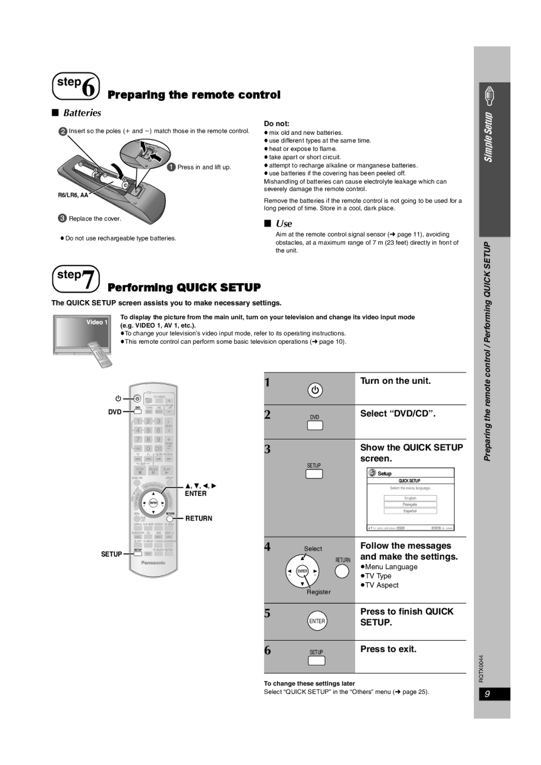 Panasonic SC-PT753, SCPT750 manual Batteries, Use, Preparing the remote control / Performing Quick 