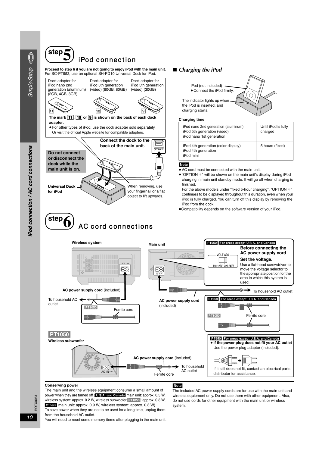 Panasonic SC-PT953, SCPT950 IPod connection, AC cord connections, Before connecting AC power supply cord Set the voltage 