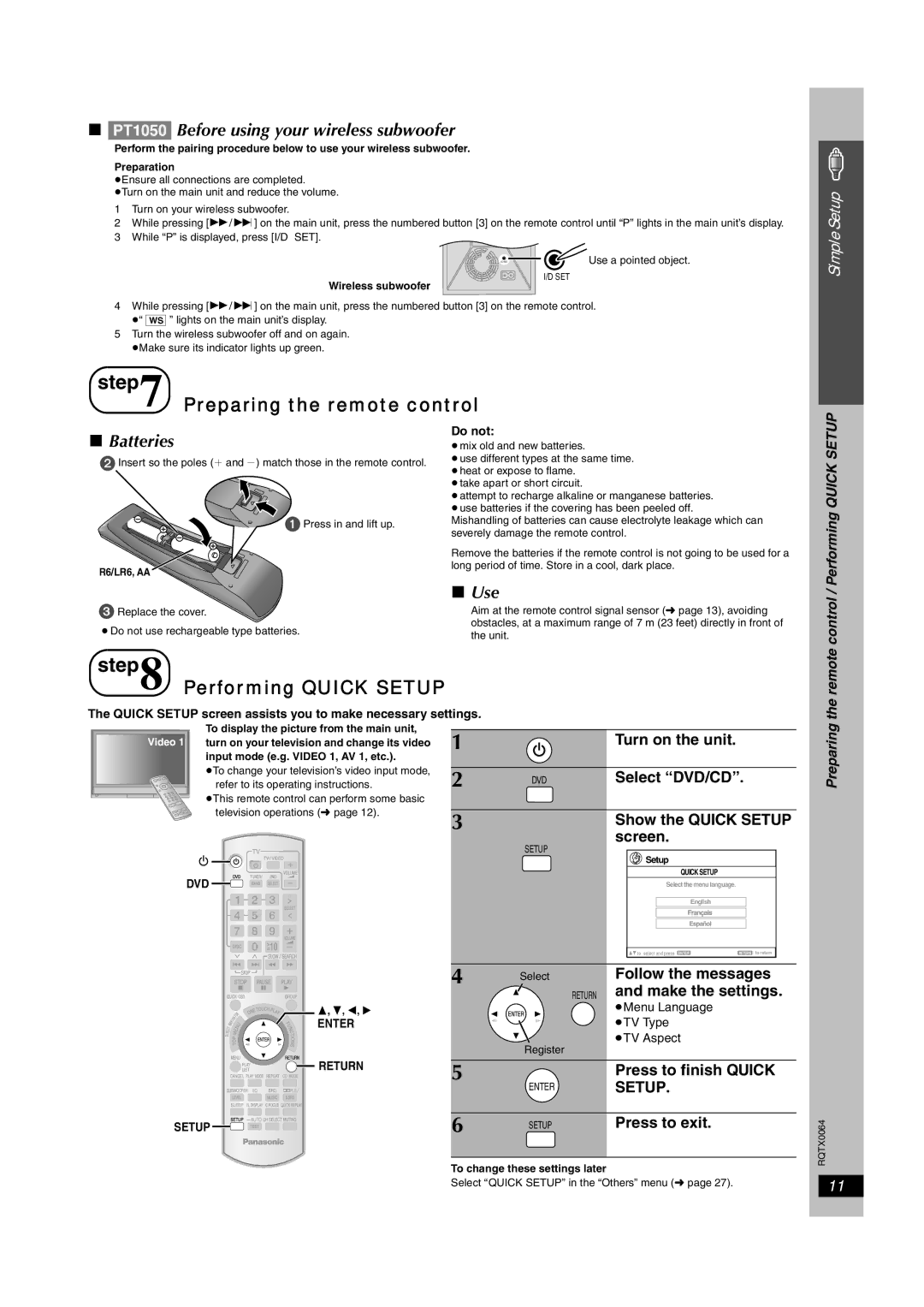 Panasonic SCPT1050 Preparing the remote control, Performing Quick Setup, PT1050 Before using your wireless subwoofer, Use 