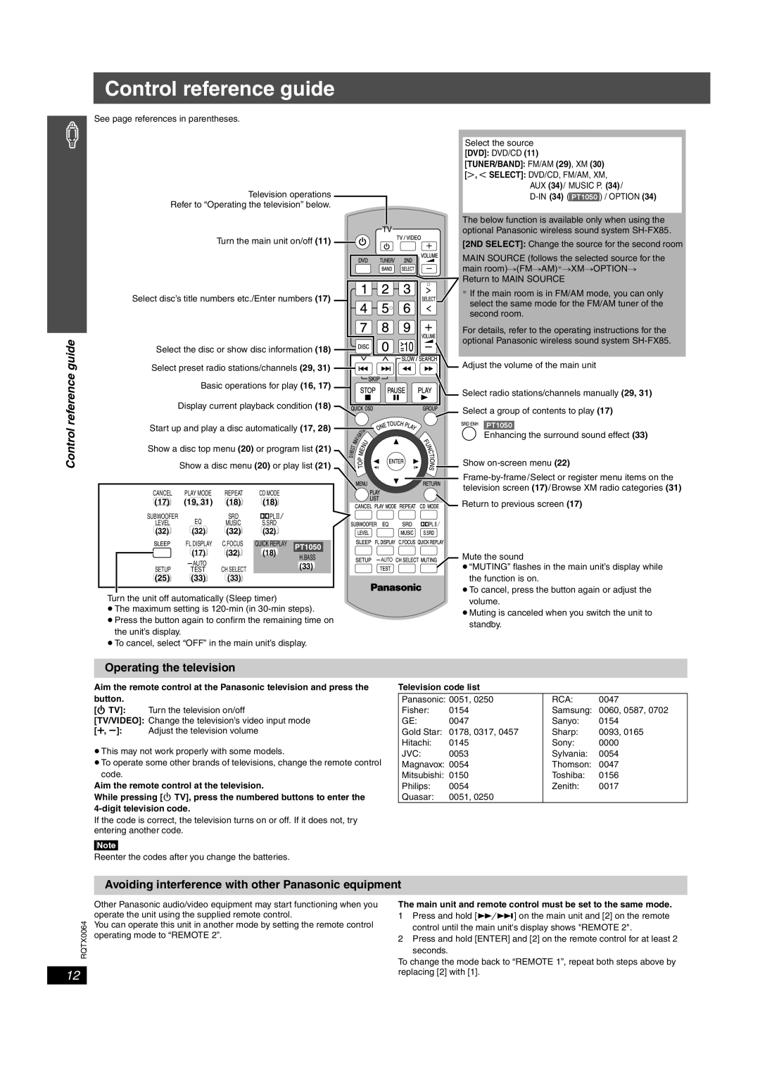 Panasonic SCPT950 Control reference guide, Operating the television, Avoiding interference with other Panasonic equipment 