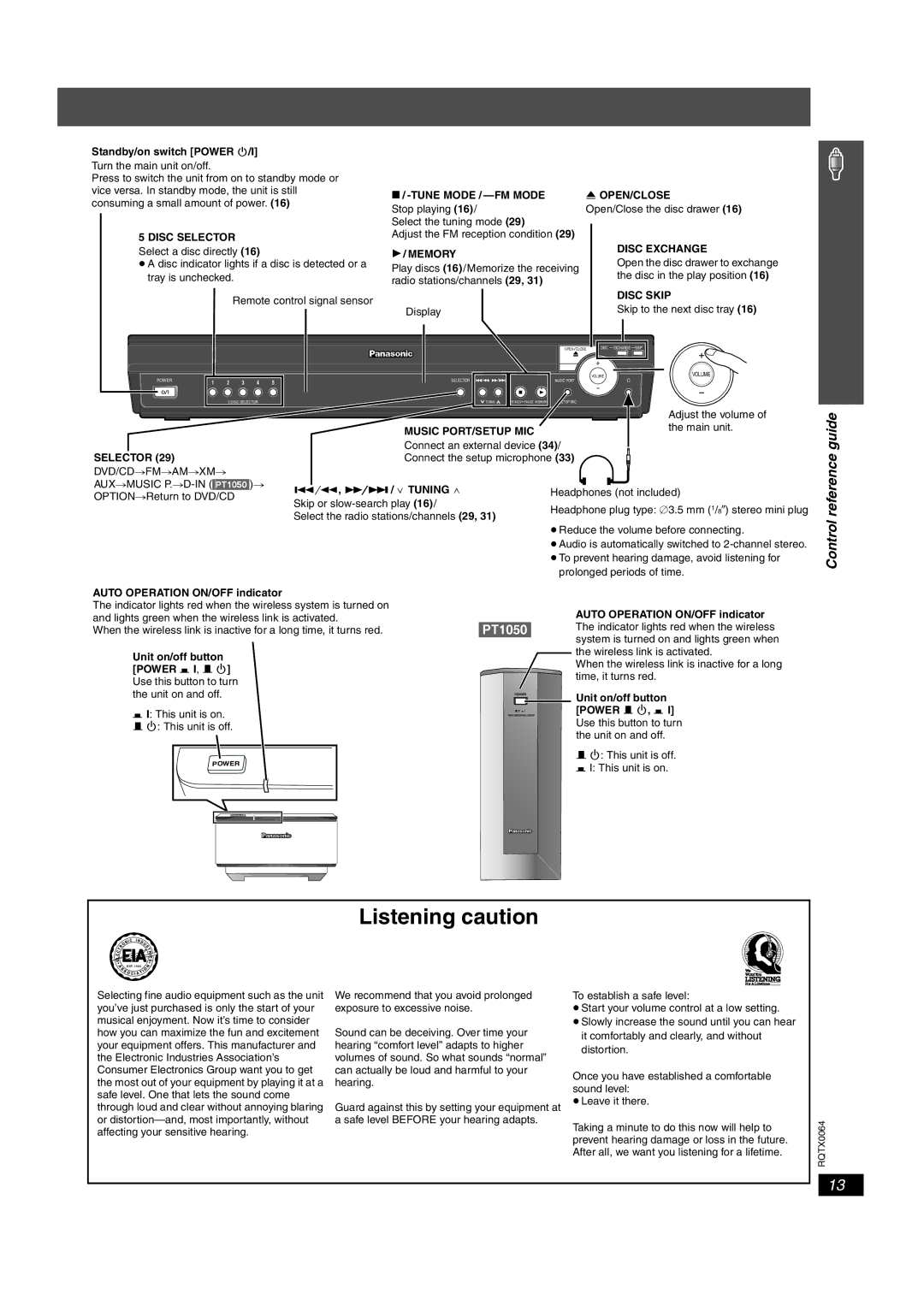 Panasonic SC-PT953 Tune Mode / -FM Mode OPEN/CLOSE, Disc Selector, Disc Exchange, Memory, Disc Skip, Music PORT/SETUP MIC 