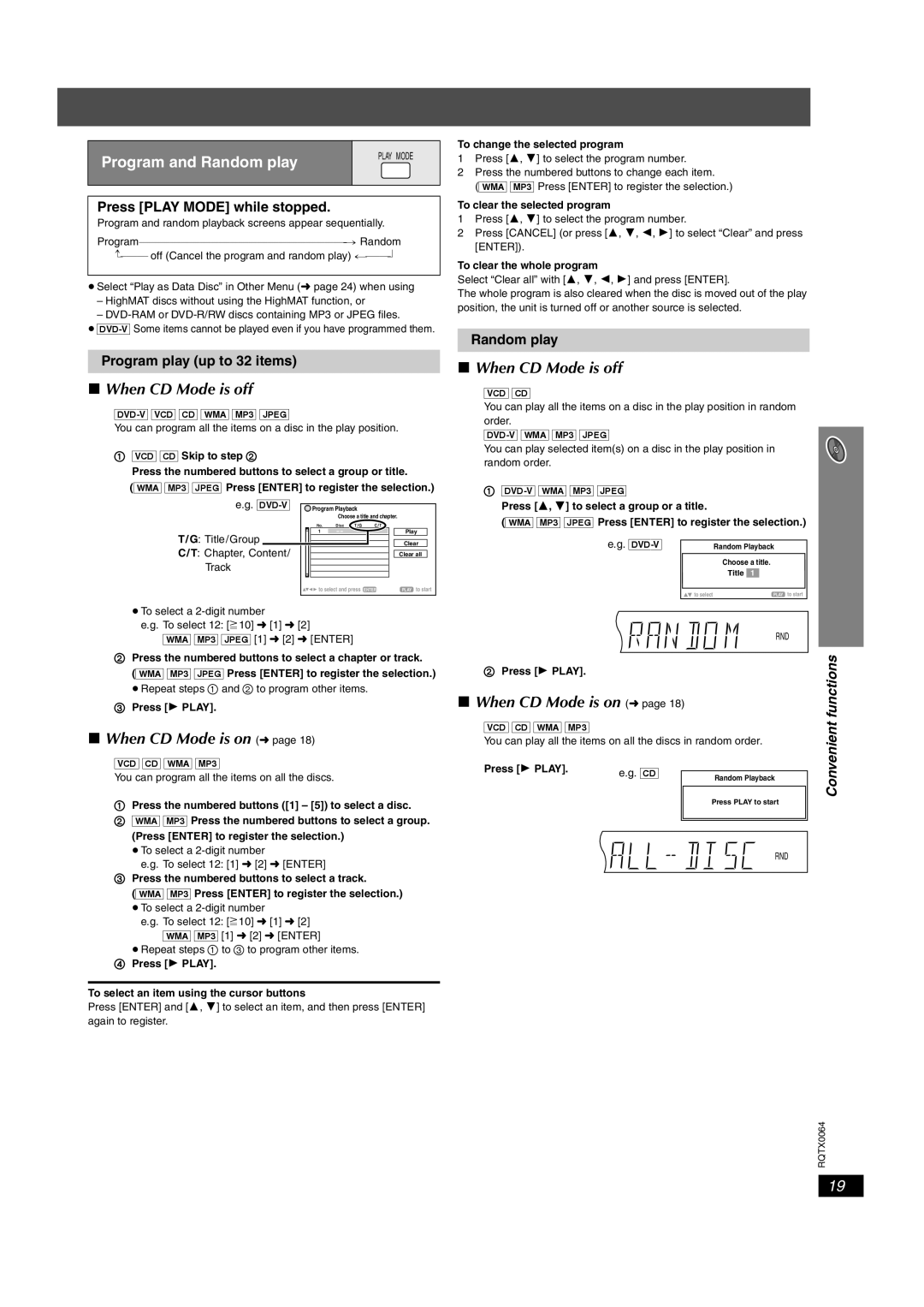 Panasonic SC-PT953, SCPT950, SCPT1050 Program and Random play, Press Play Mode while stopped, Program play up to 32 items 