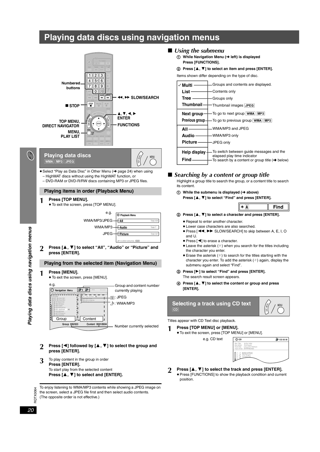 Panasonic SCPT1050, SCPT950 Playing data discs using navigation menus, Using the submenu, Selecting a track using CD text 