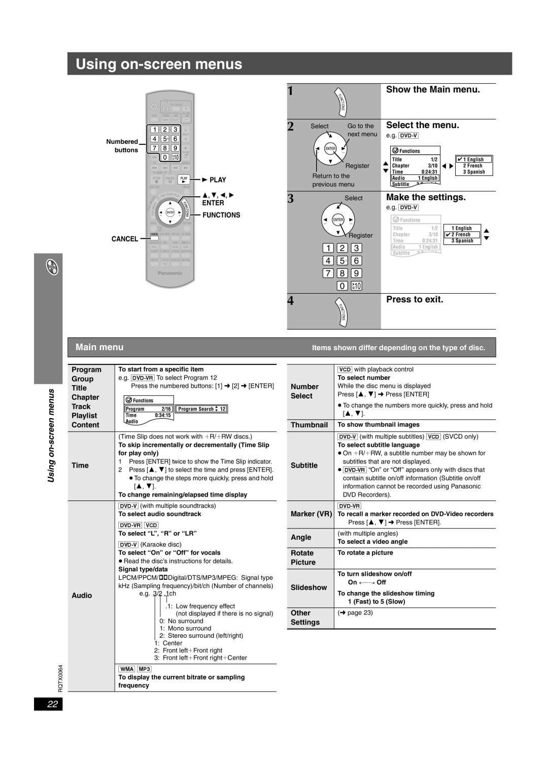 Panasonic SC-PT953, SCPT950, SCPT1050 operating instructions Using on-screen menus, Main menu 