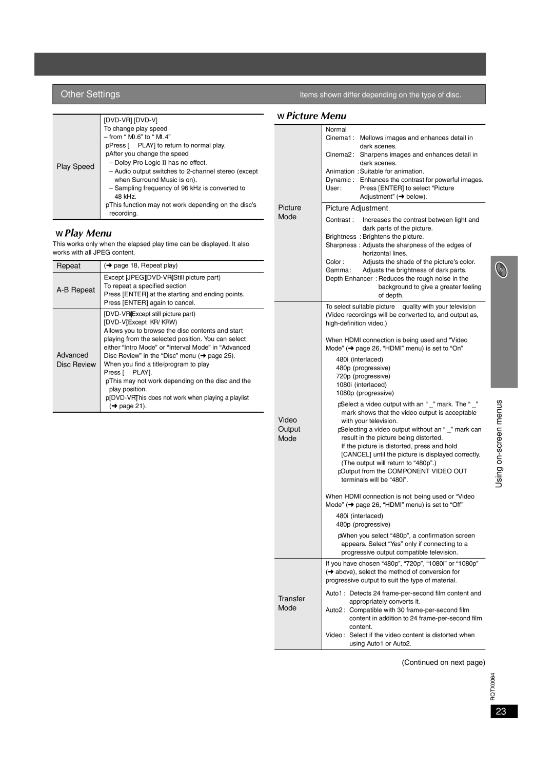 Panasonic SCPT1050, SCPT950, SC-PT953 operating instructions Picture Menu, Play Menu, Other Settings 