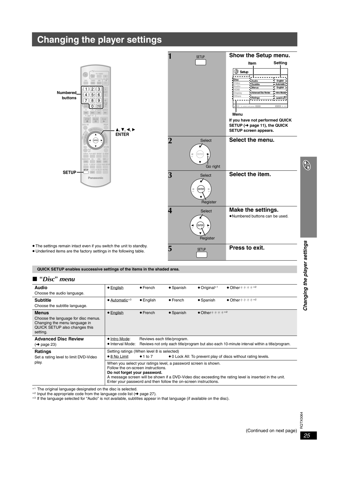 Panasonic SC-PT953, SCPT950, SCPT1050 Changing the player settings, Disc menu, Show the Setup menu, Settings 