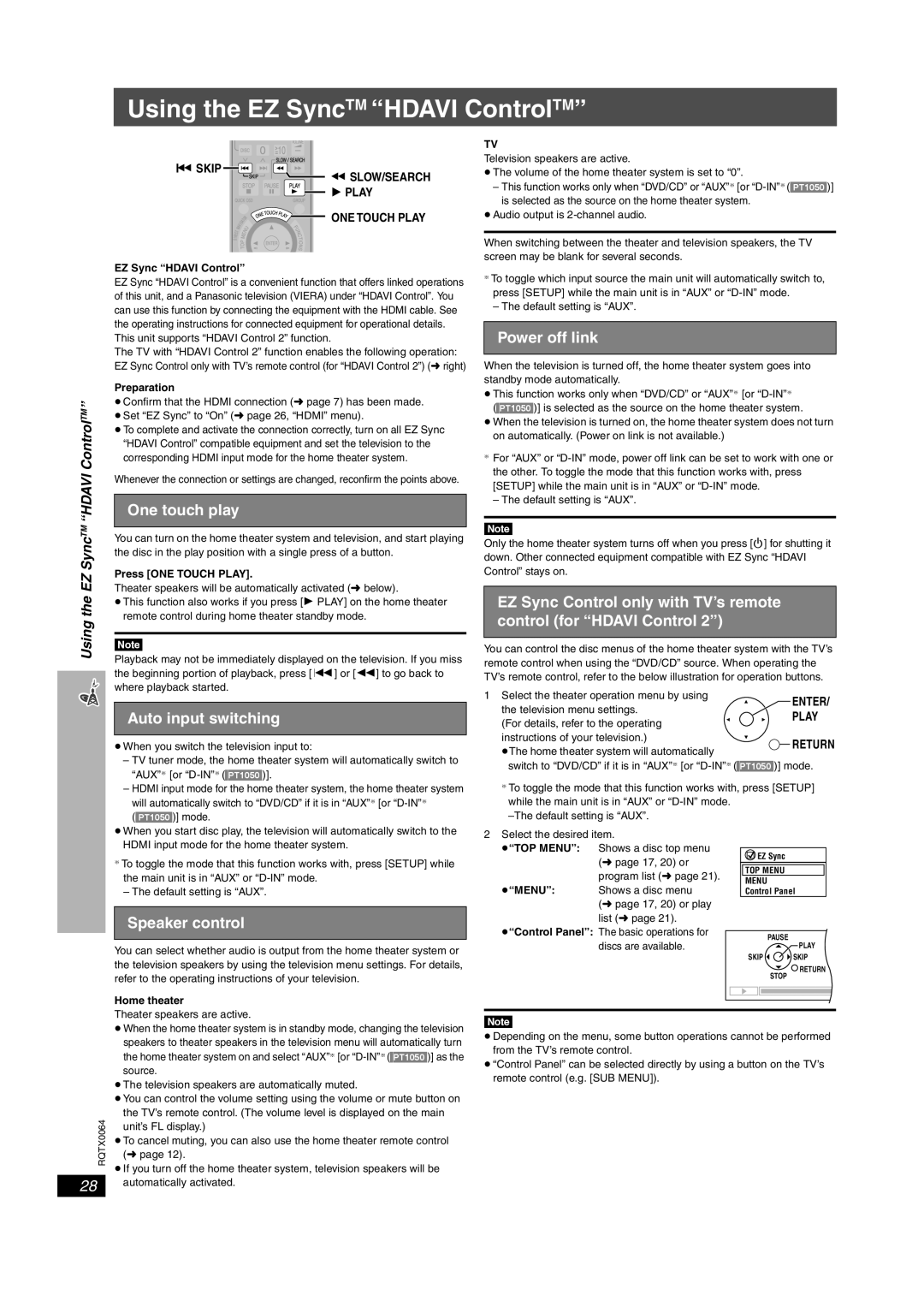 Panasonic SC-PT953, SCPT950 Using the EZ SyncTM Hdavi ControlTM, One touch play, Auto input switching, Power off link 