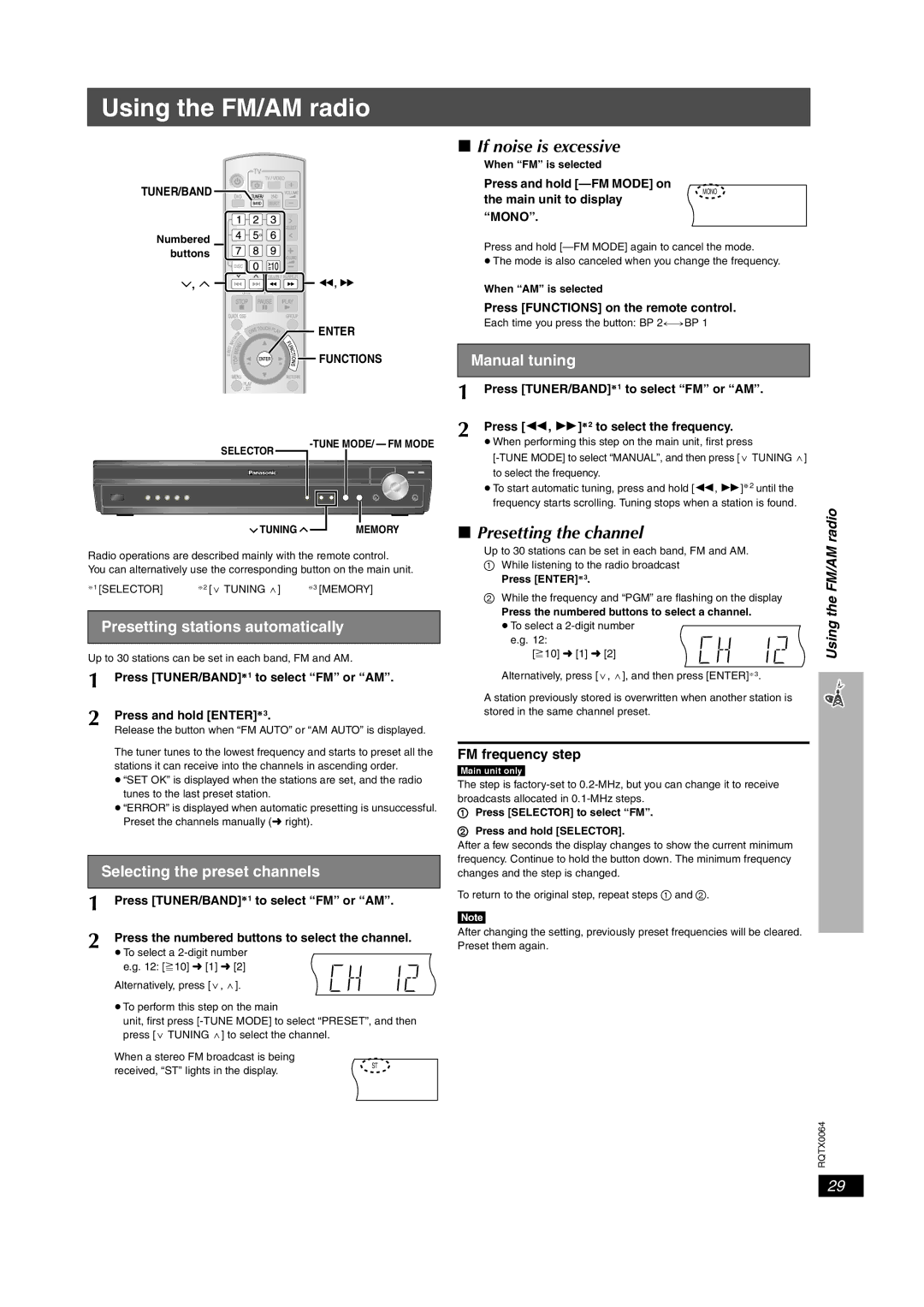 Panasonic SCPT1050, SCPT950, SC-PT953 Using the FM/AM radio, If noise is excessive, Presetting the channel 