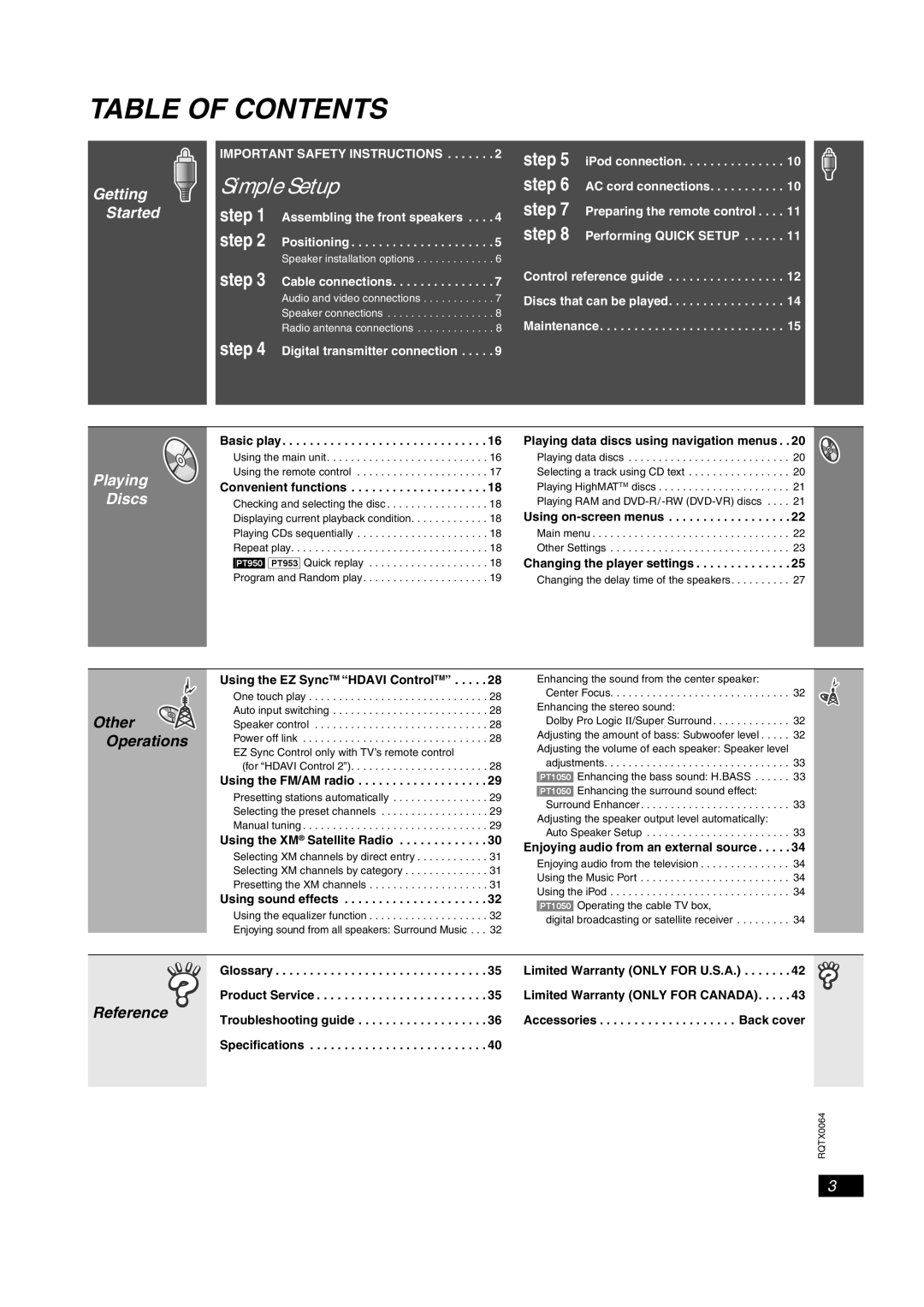 Panasonic SCPT950, SC-PT953, SCPT1050 operating instructions Table of Contents 