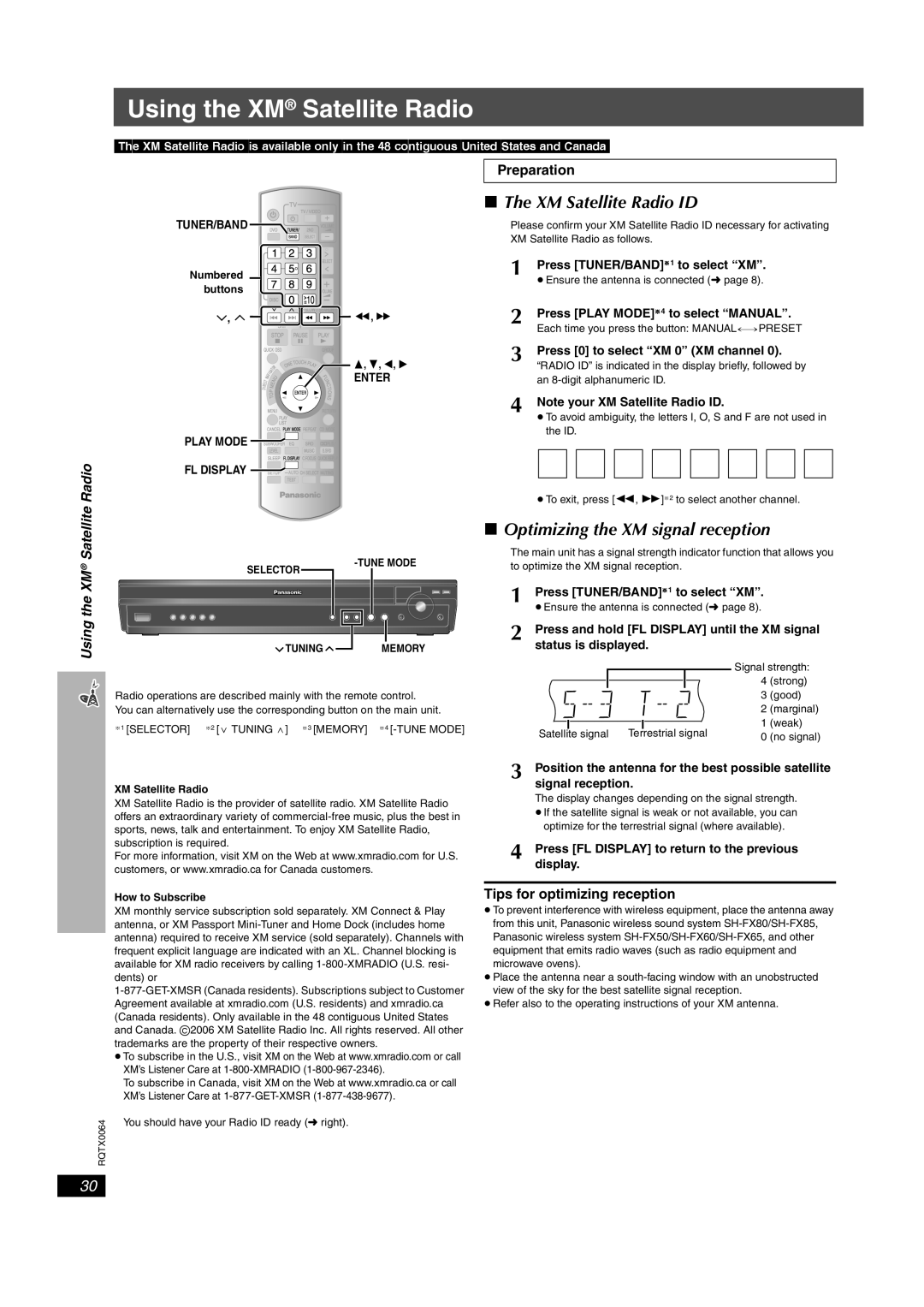 Panasonic SCPT950, SC-PT953 Using the XM Satellite Radio, XM Satellite Radio ID, Optimizing the XM signal reception 