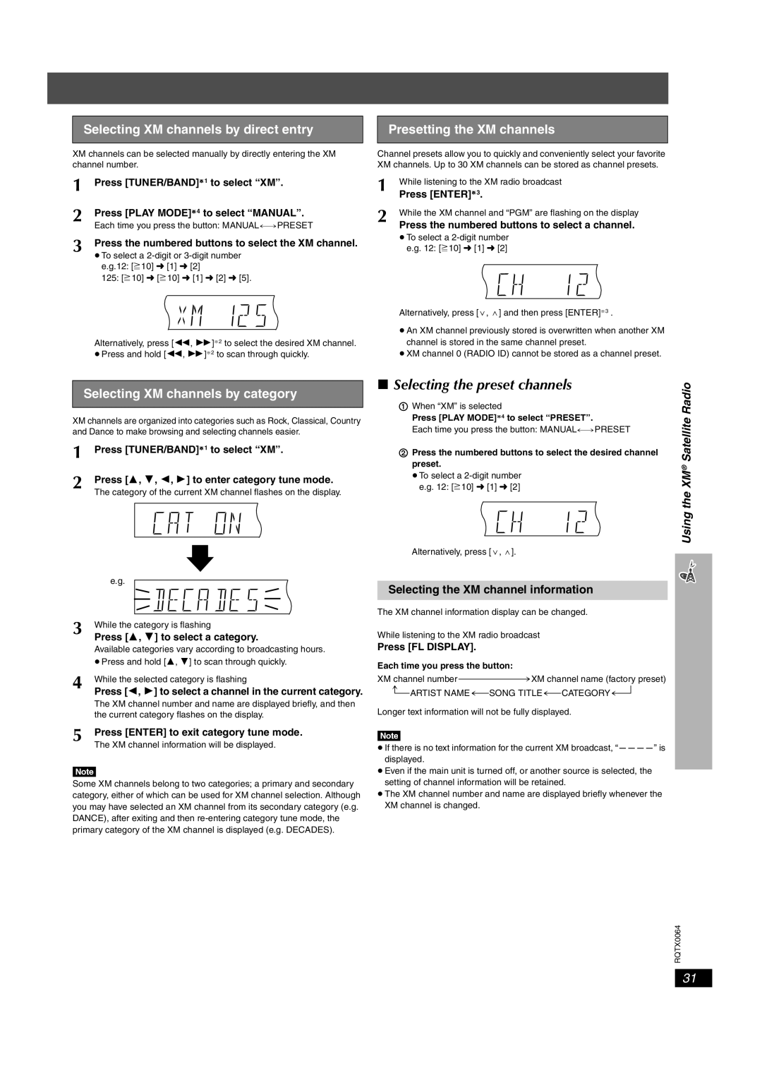 Panasonic SC-PT953 Selecting the preset channels, Selecting XM channels by direct entry, Presetting the XM channels 