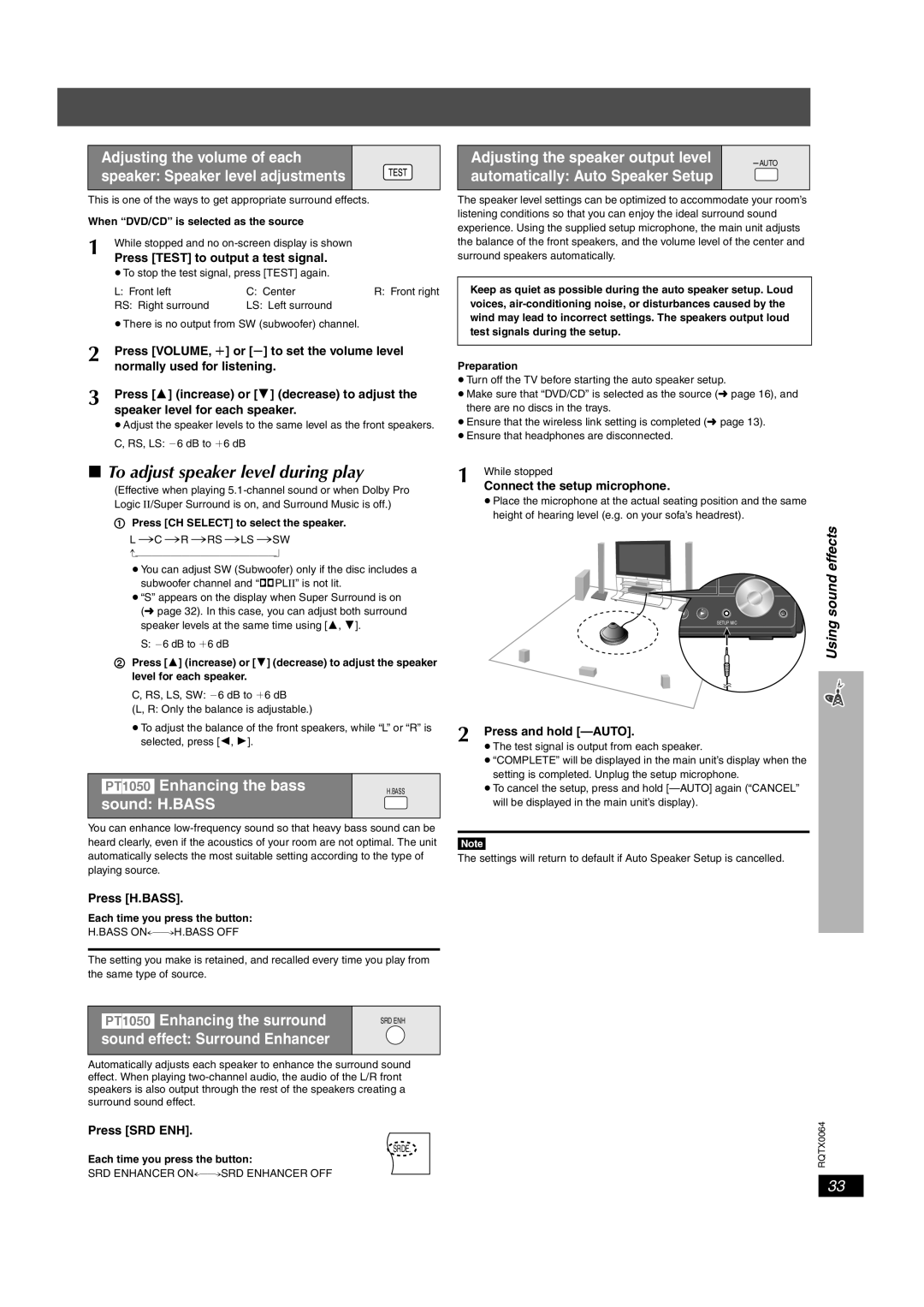 Panasonic SCPT950, SC-PT953, SCPT1050 To adjust speaker level during play, PT1050 Enhancing the bass, Sound H.BASS 