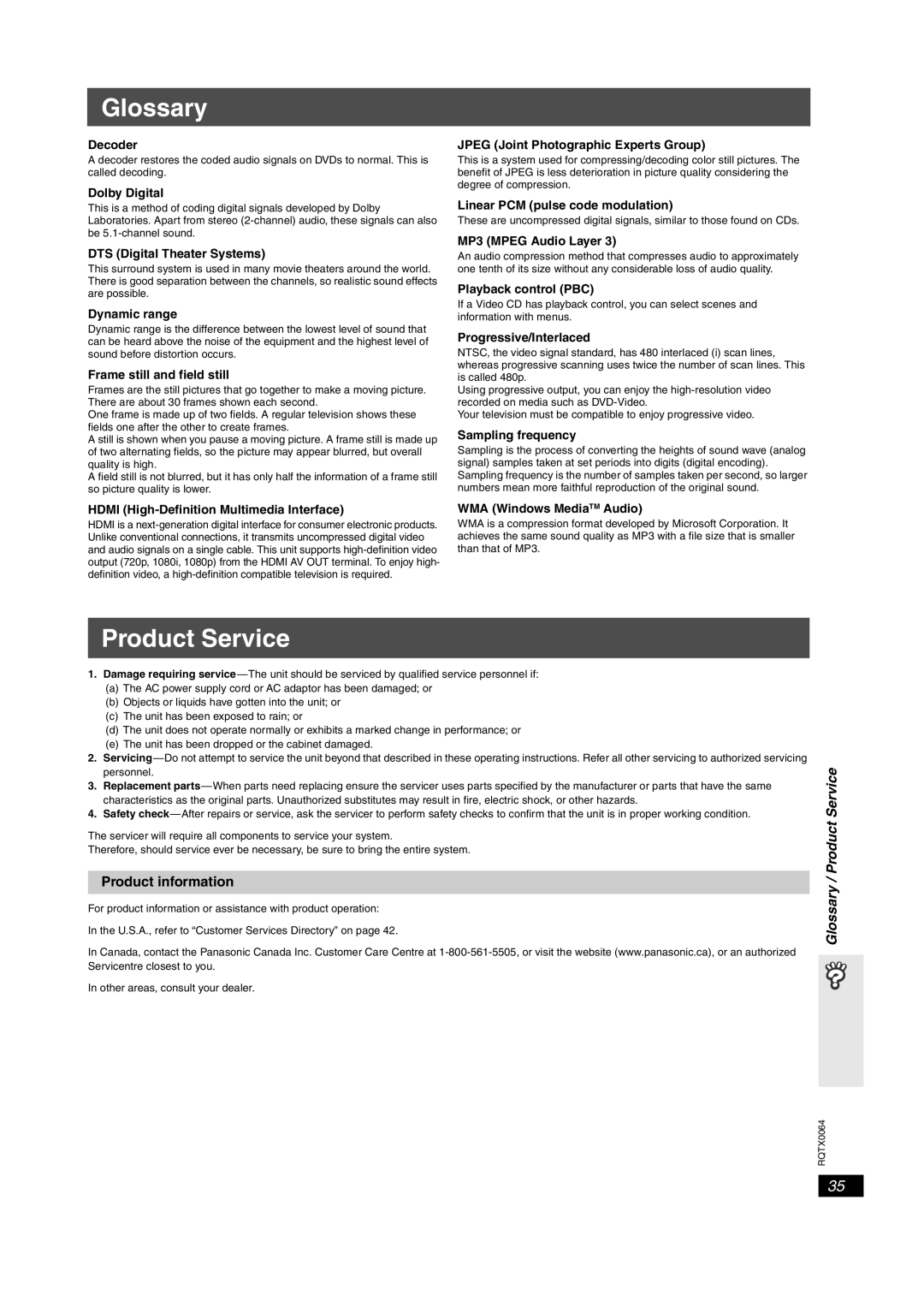 Panasonic SCPT1050, SCPT950, SC-PT953 operating instructions Product information, Glossary / Product Service 