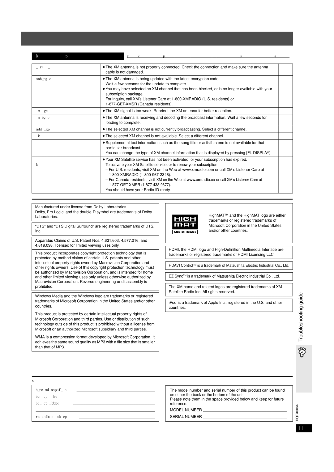 Panasonic SCPT950, SC-PT953, SCPT1050 operating instructions User memo, XM Satellite Radio advisory messages 