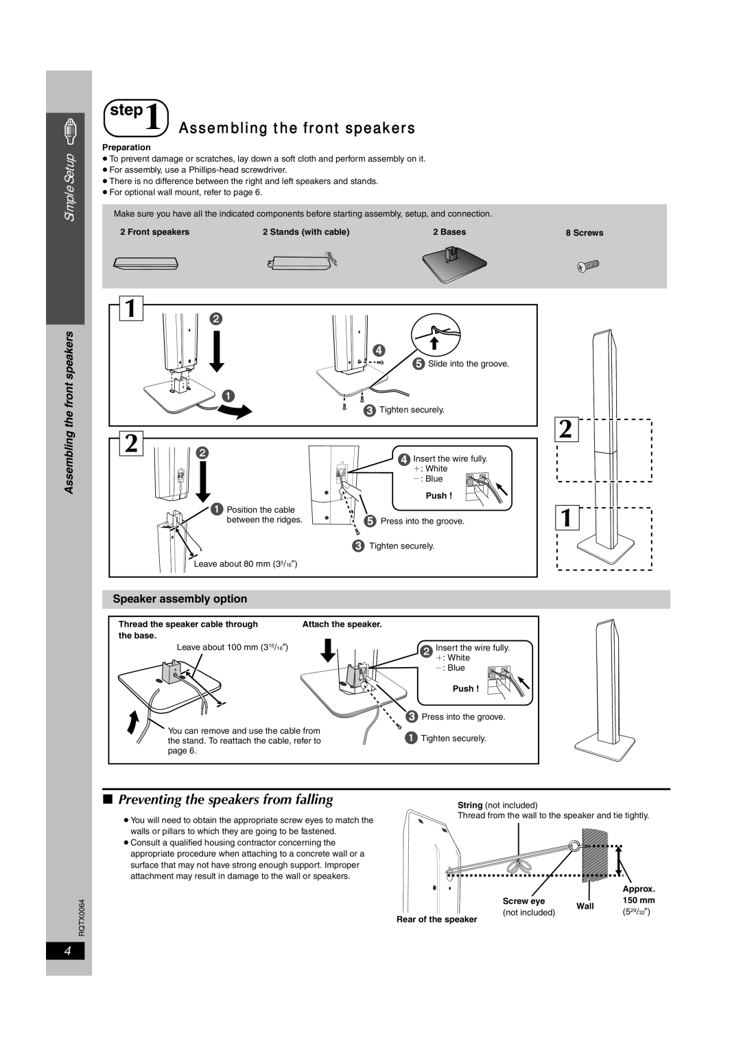 Panasonic SC-PT953, SCPT950 Assembling the front speakers, Preventing the speakers from falling, Speaker assembly option 