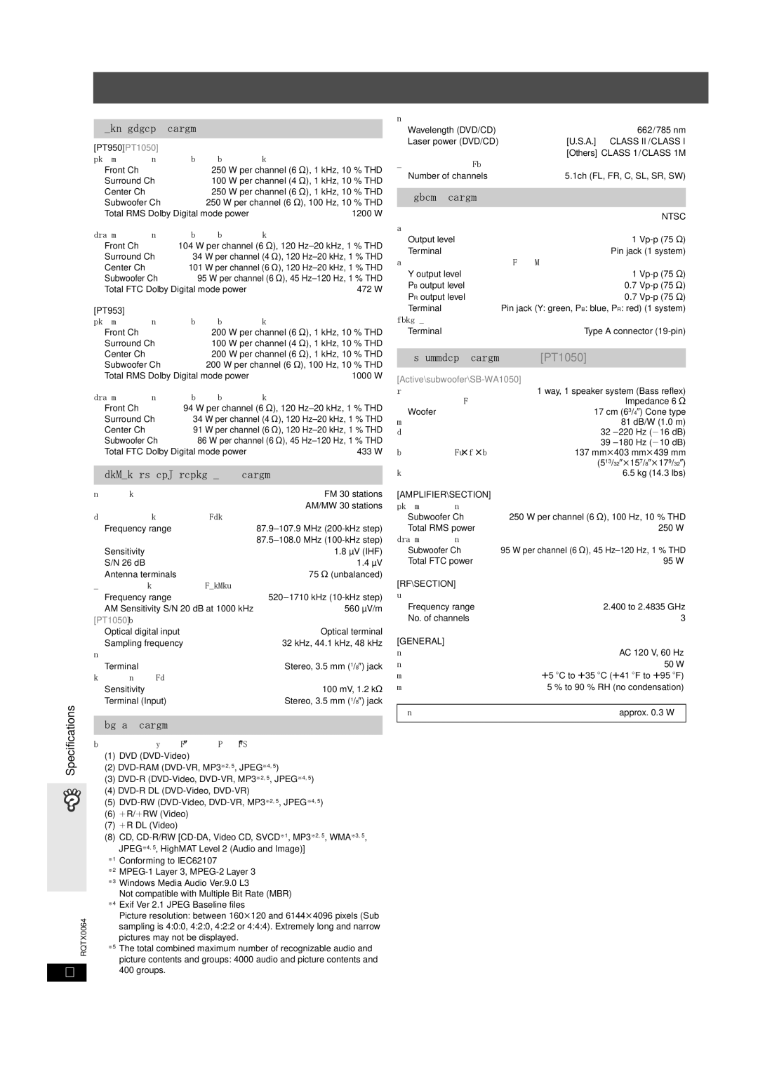 Panasonic SC-PT953, SCPT950, SCPT1050 Specifications, PT950 PT1050 RMS Output Power Dolby Digital Mode, Others 