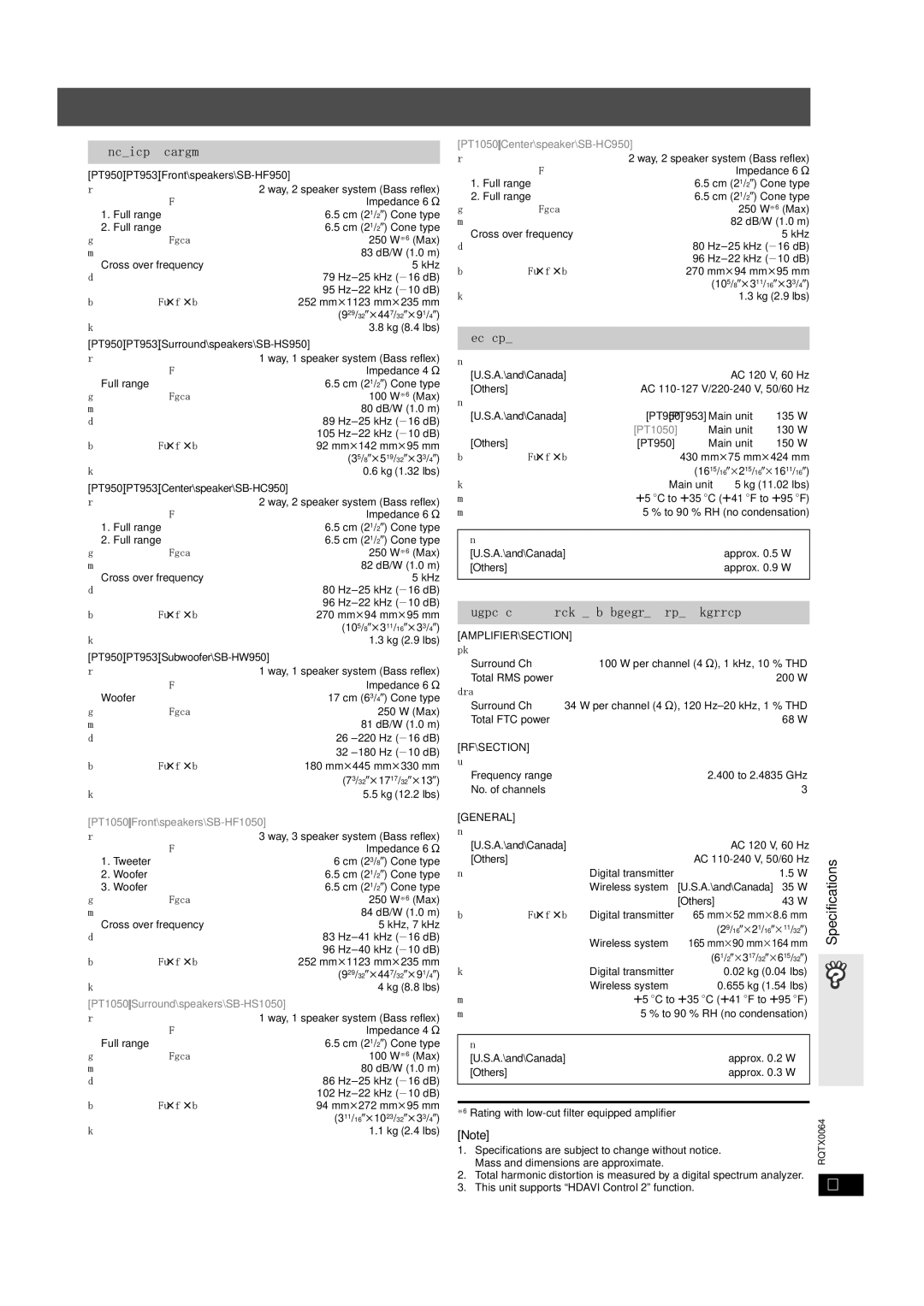 Panasonic SCPT1050 Specifications, PT950 PT953 Front\speakers\SB-HF950 Type, PT950 PT953 Surround\speakers\SB-HS950 