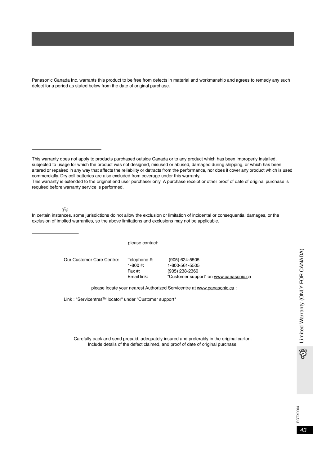 Panasonic SC-PT953, SCPT950, SCPT1050 operating instructions Limited Warranty only for Canada 