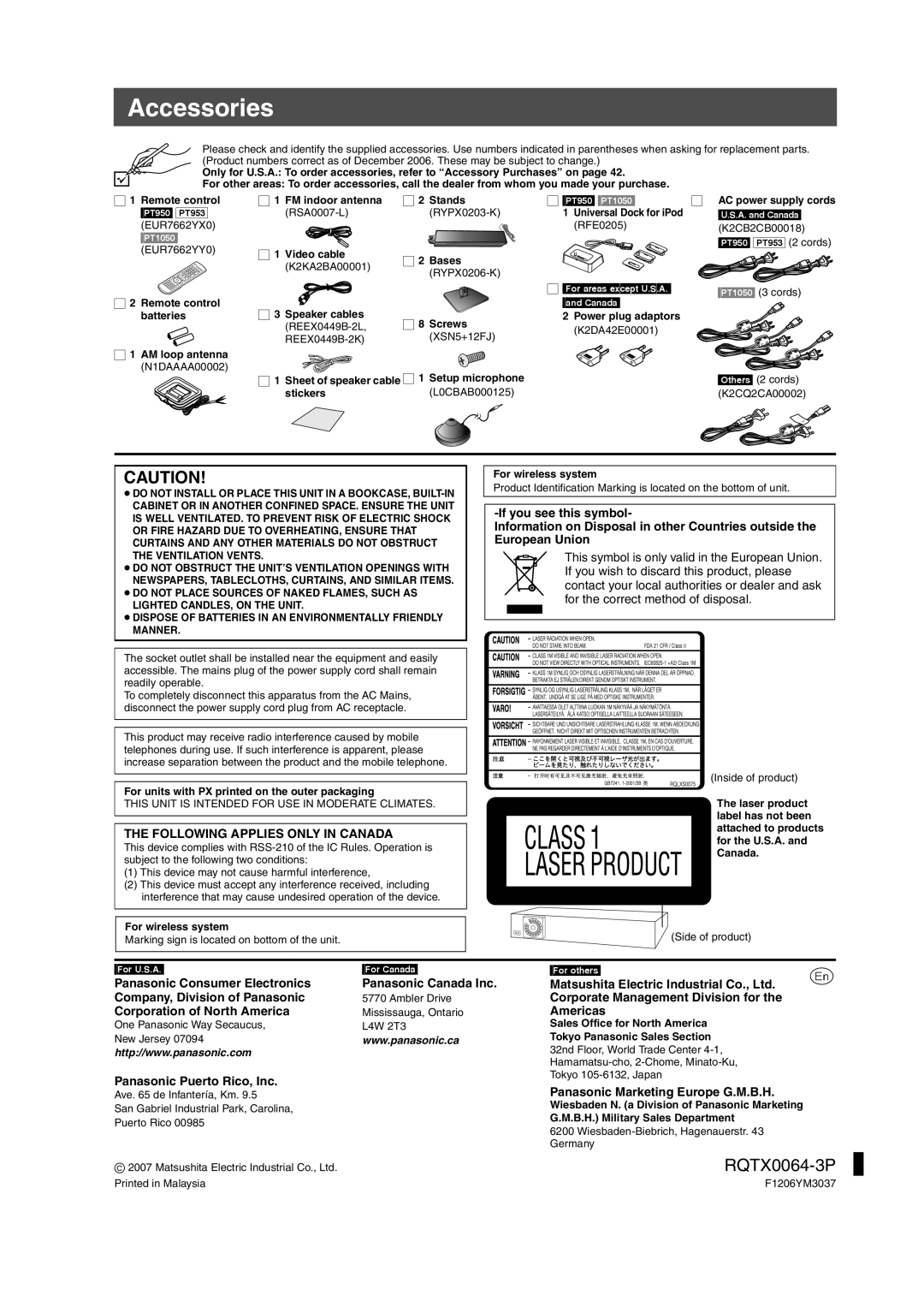 Panasonic SCPT1050, SCPT950, SC-PT953 operating instructions Accessories 