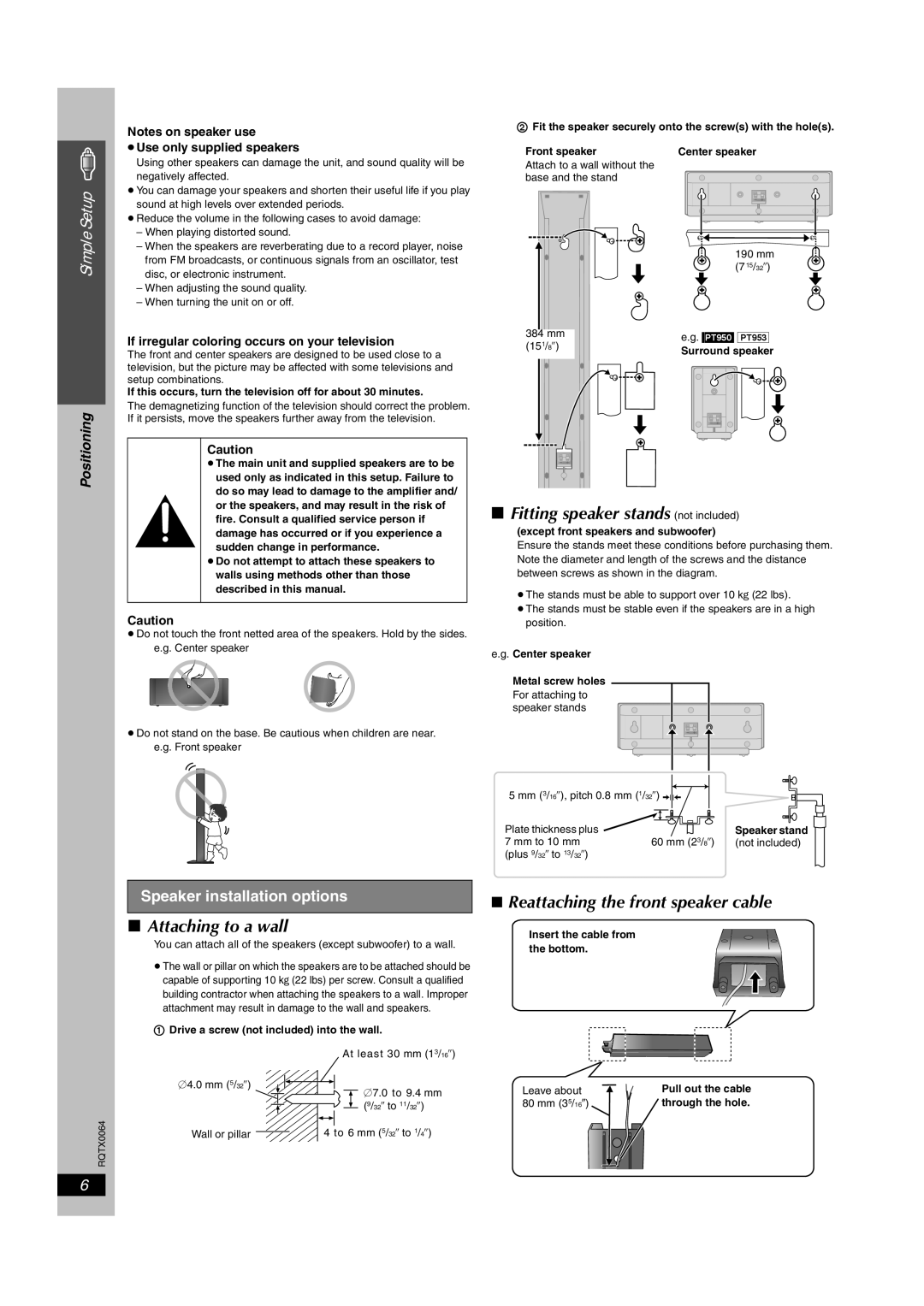 Panasonic SCPT950, SC-PT953 Fitting speaker stands not included, Attaching to a wall, Reattaching the front speaker cable 