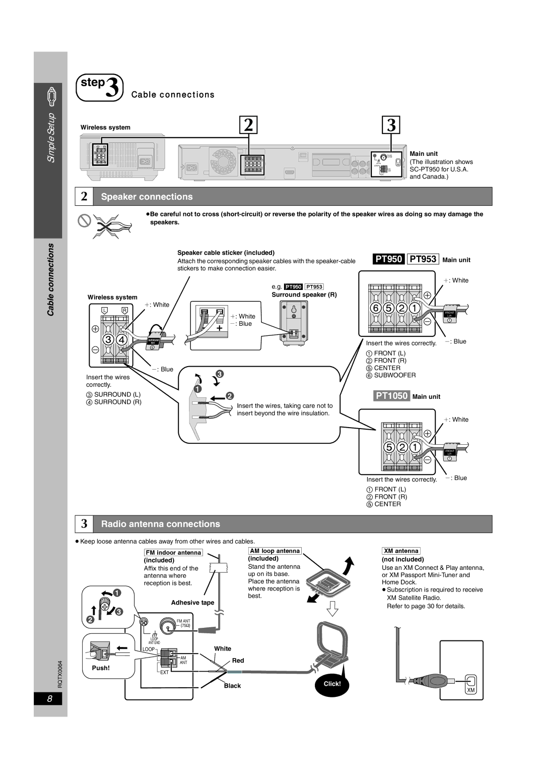 Panasonic SCPT1050, SCPT950, SC-PT953 Speaker connections, Radio antenna connections, Connections, Cable 