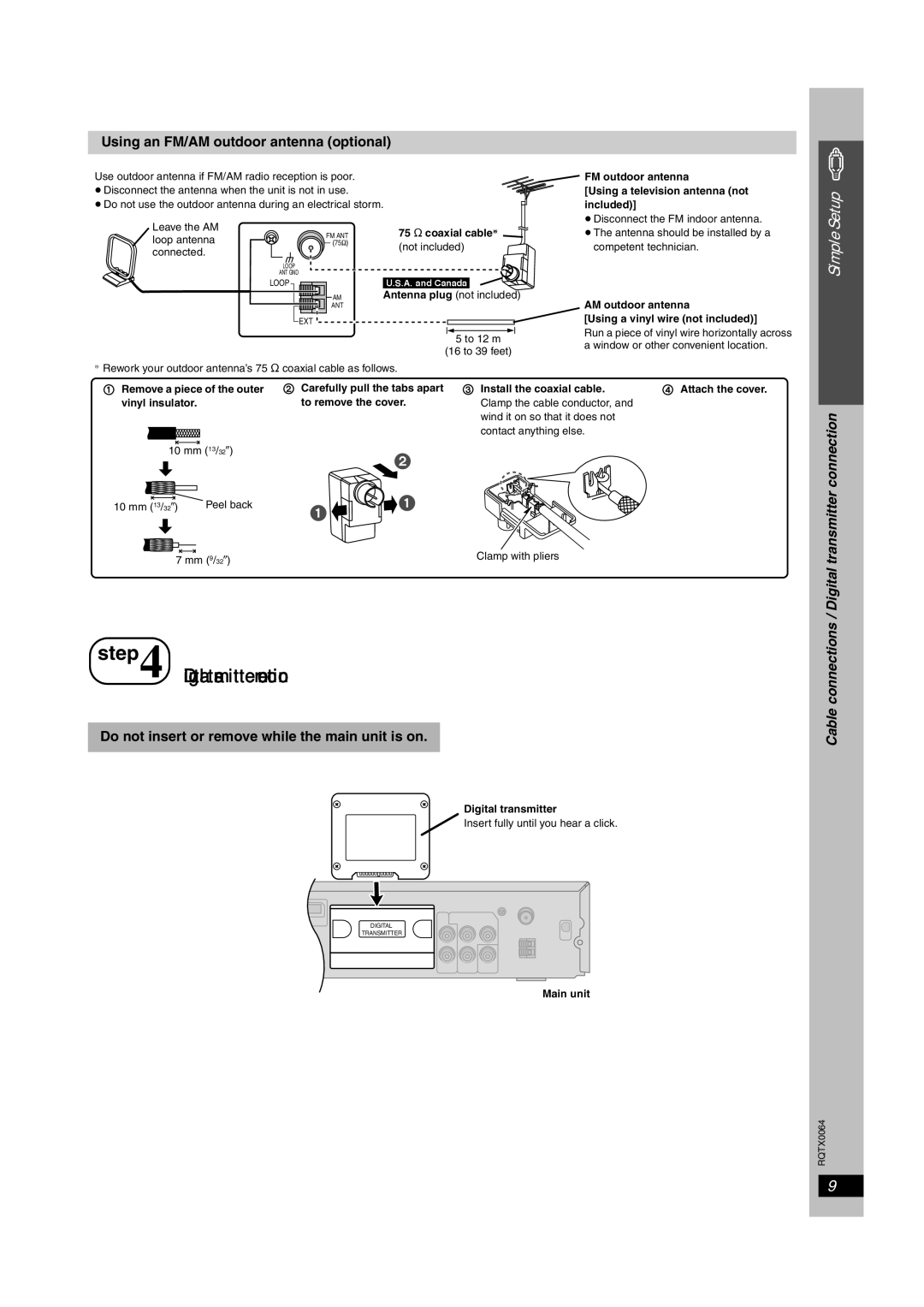 Panasonic SCPT950, SC-PT953, SCPT1050 Digital transmitter connection, Using an FM/AM outdoor antenna optional 